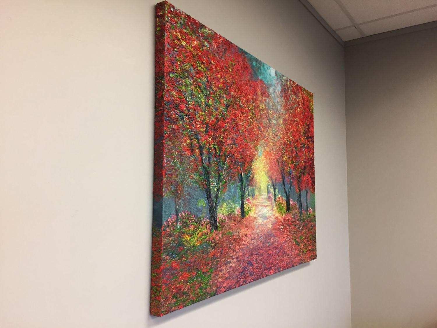 â€œI just loved painting this! In many ways, Fall is my favorite season. You can see the change taking place as green turns to maroon, then to brown and everything in between.â€     Oil on canvas study of tree-lined trail utilizing a variety of