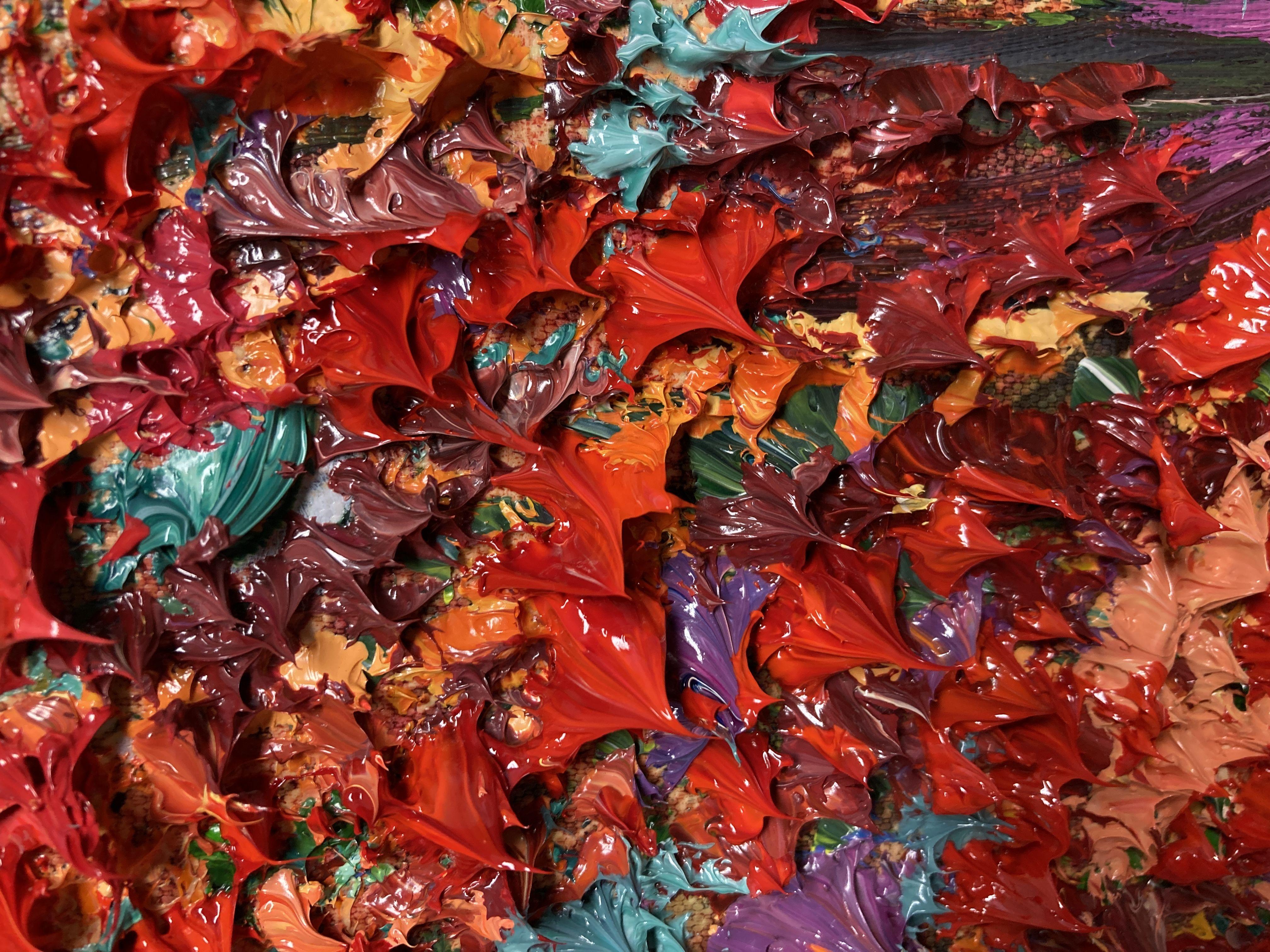 La peinture est exécutée dans le style Spontaneous Texturism à l'huile épaisse avec des couleurs vives, un mouvement fluide et une texture attrayante. La toile est tendue sur un support robuste de 1,5 pouce.