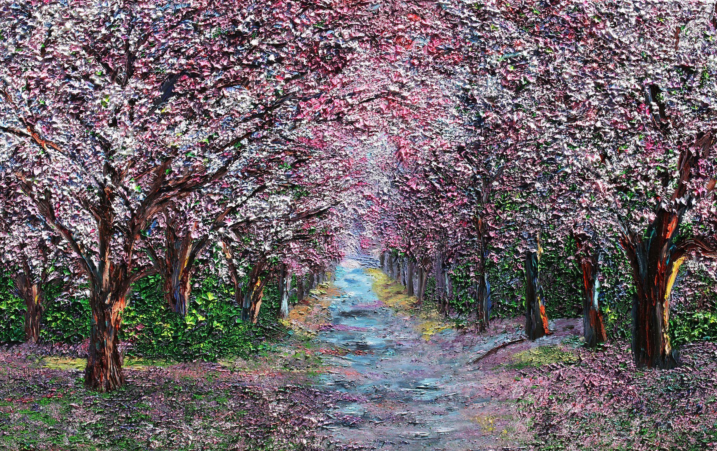 Abstract Painting di Kenneth Halvorsen - Fiore di ciliegio, Pittura, Olio su tela
