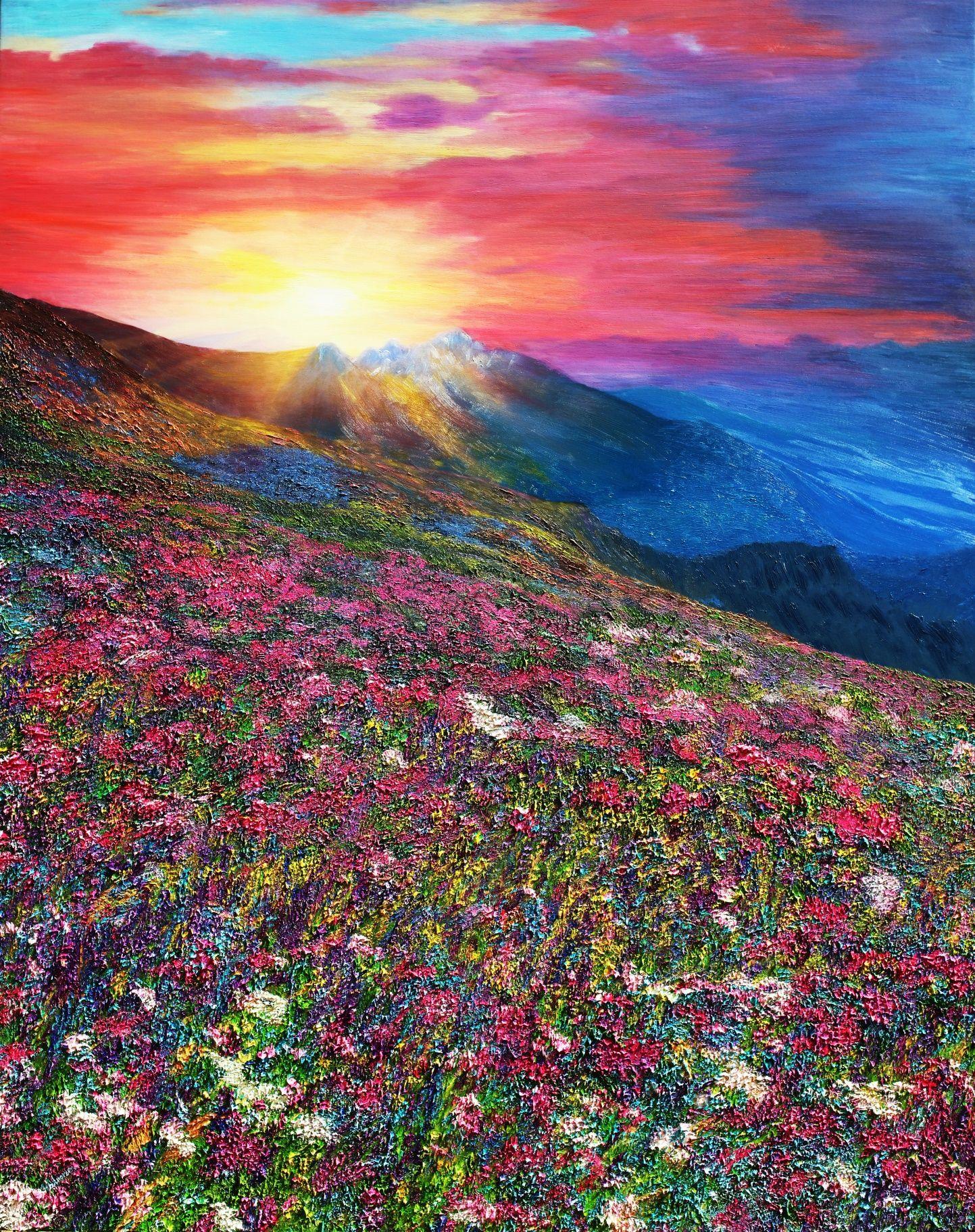 The sun pays homage to the purple haze of crocus flowers as they give a sense of life and added beauty to the hillside. The feeling is respect.    The painting is executed in Clear Impressionism style in thick oils with bright colors, fluid motion,