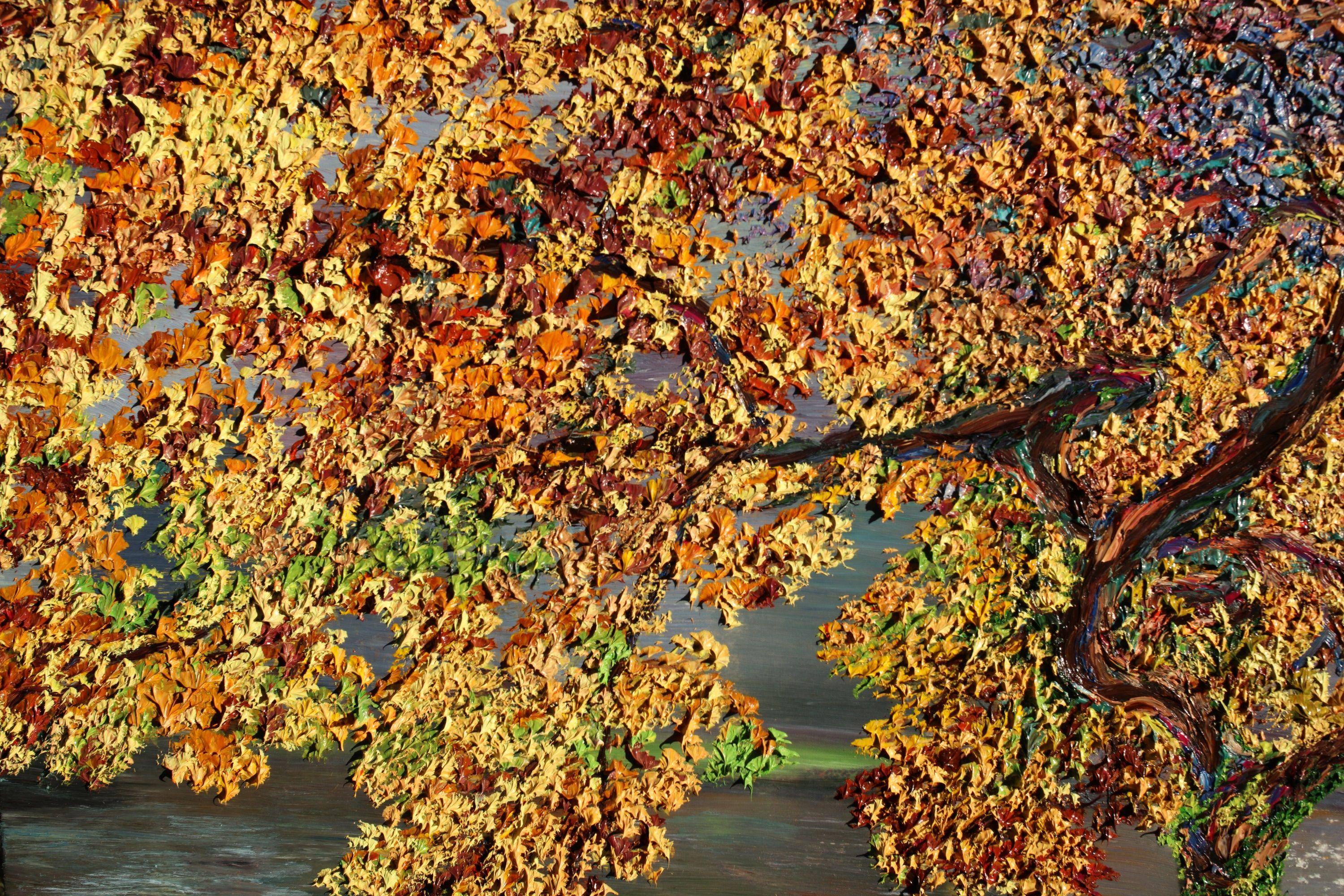 Ich war schon immer von der Schönheit des Herbstes fasziniert, und dieses besondere Exemplar projiziert das verzogene Holz und die Rinde, während es das Gold des Herbstes in die Ferne trägt.      Das Gemälde ist im Stil des klaren Impressionismus in