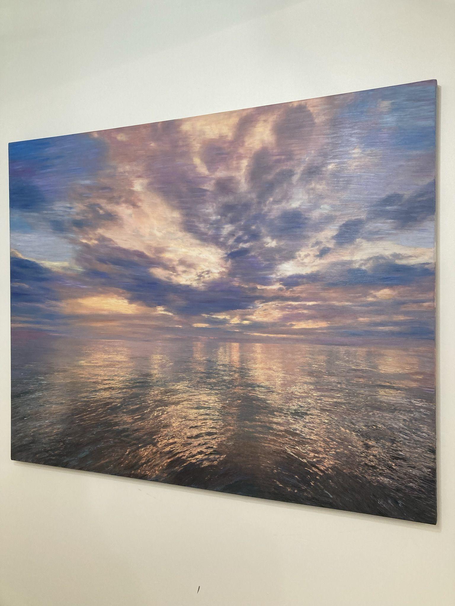 Ce reflet du ciel, du soleil et des nuages dans le miroir de l'océan crée un environnement presque angélique qui vous laissera émerveillé.  La peinture est exécutée dans le style Spontaneous Texturism à l'huile épaisse avec des couleurs vives, un