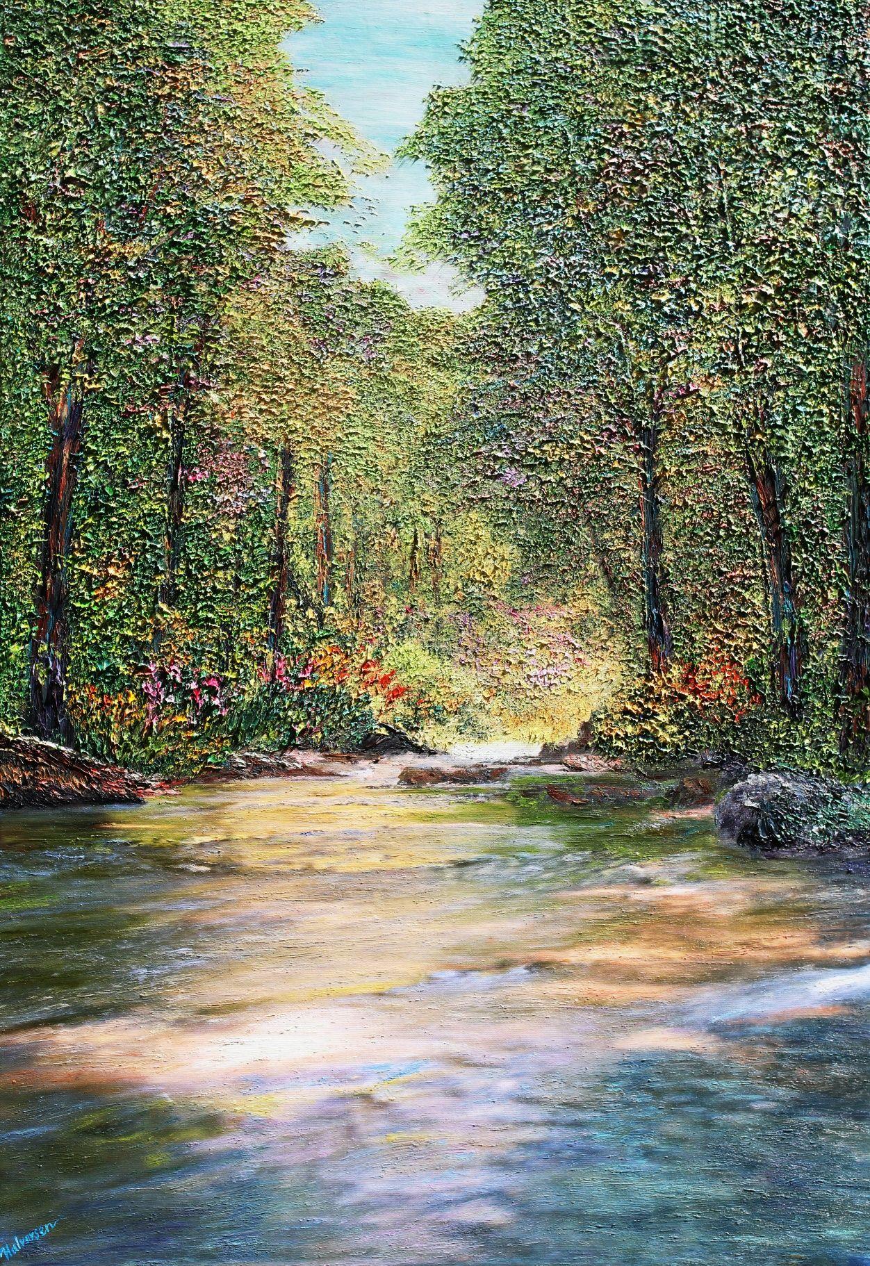 : â€œOne of my favorite scenes, this painting will always evoke memories of the peculiarity of nature's beauty.â€  Oil on canvas study of a stream becoming a river surrounded by a floral outburst of natural opalescence.    The painting is executed