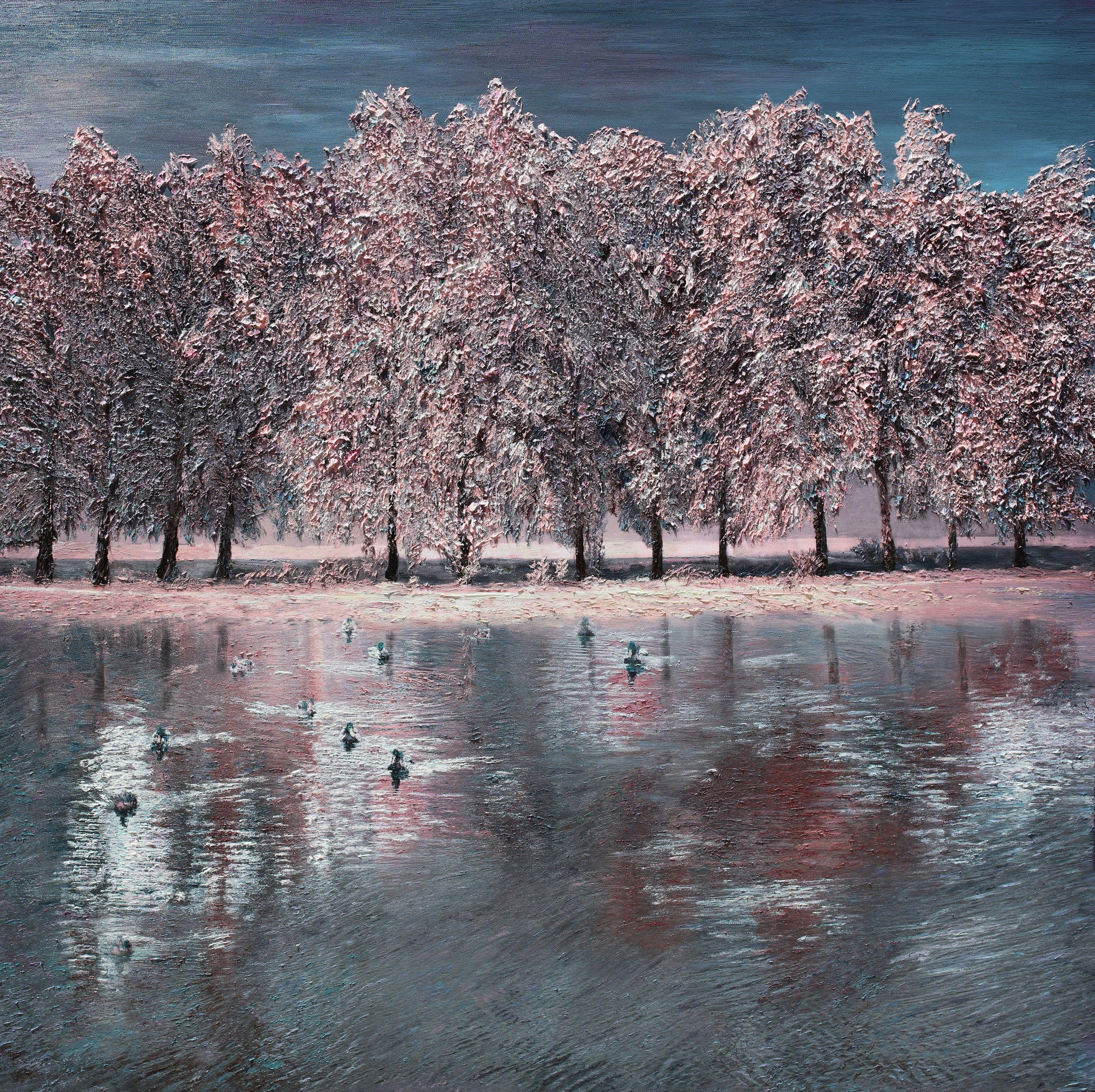 â€œCombining the warmth of coral with the delicacy of pink, this soothing hue is chic to decorate any home. Rustling the wildlife in the awakening of spring gently ushers in the tone of rebirth. The feeling is serenity.  The painting is executed in