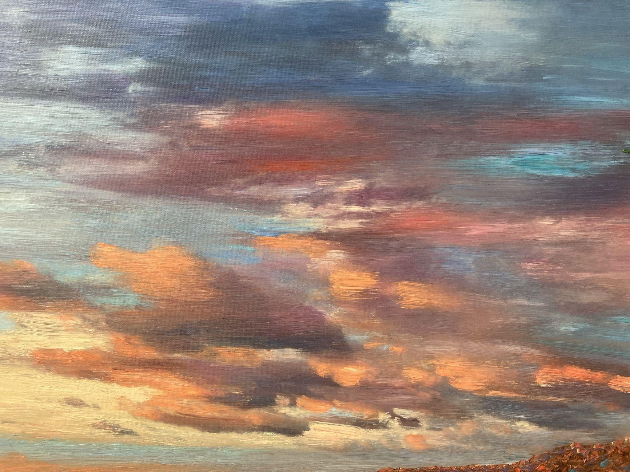 La tranquillité d'une mer qui ondule lentement et le coucher de soleil lointain créent un sentiment presque spirituel et sacré de la grandeur de la planète.     La peinture est exécutée dans le style Spontaneous Texturism à l'huile épaisse avec des