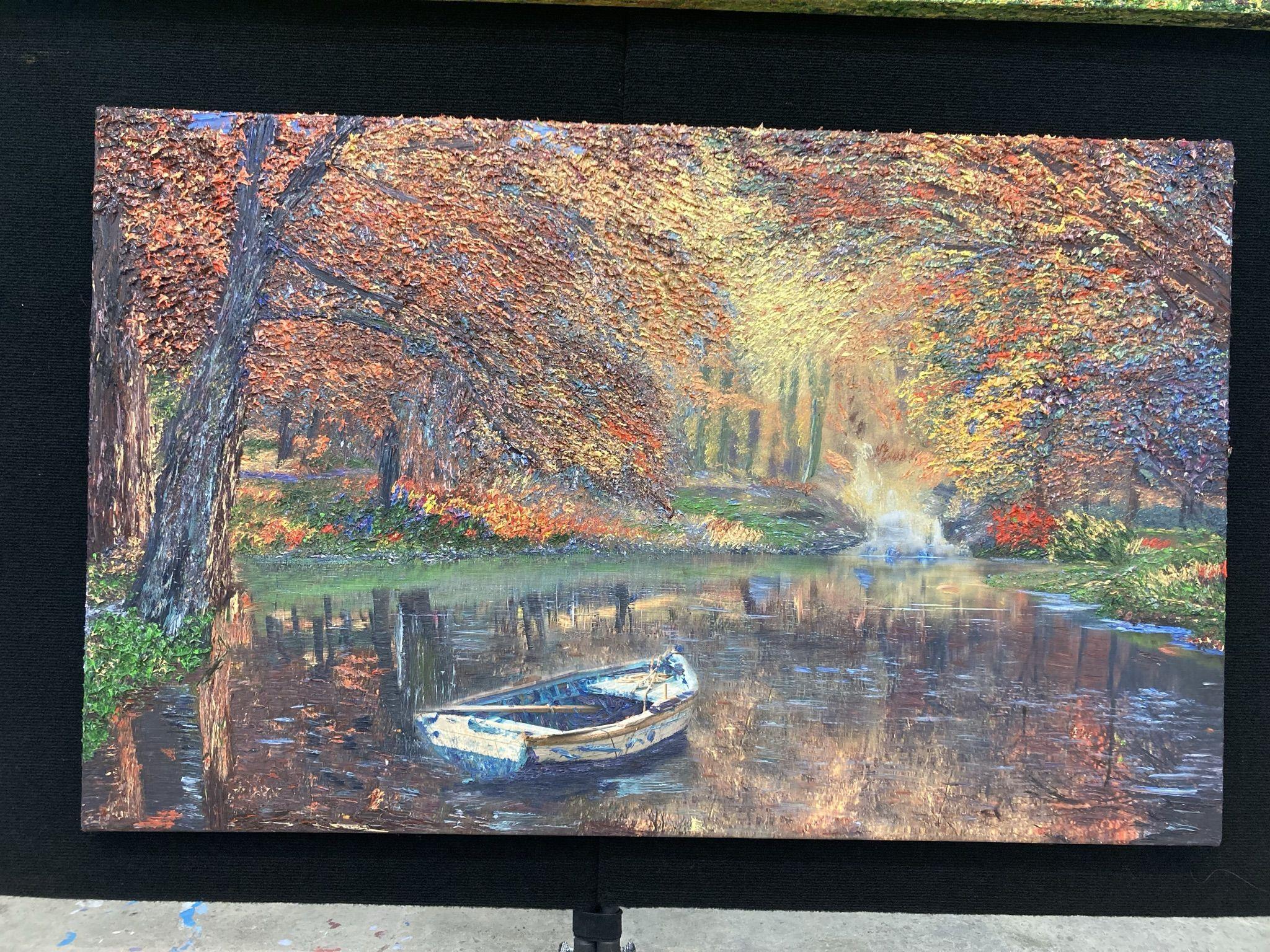 Autumnal colors are radiant in this visage of a reflective scene of the lake, boat, and woodland. The feeling is the nostalgic appreciation that everything has two sides.  The painting is executed in Clear Impressionism style in thick oils with