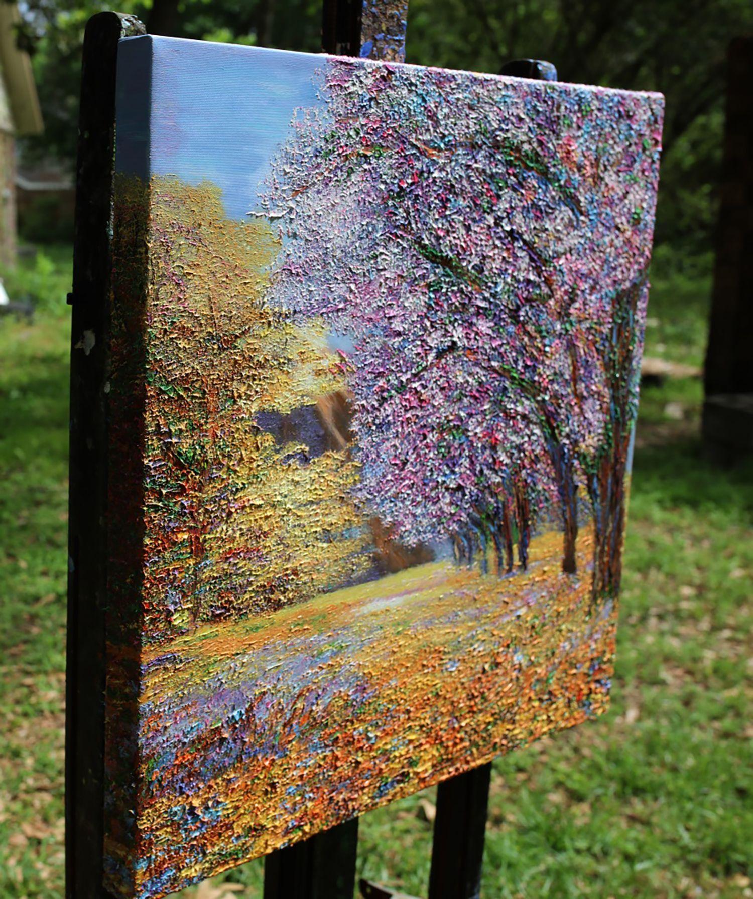 â€œIn California, the purple orchid tree is an amazing organism that displays its splendor with pride. This scene is from central California and the colors are astonishing. I hope I have done it justice with my work.â€    Oil on canvas rendition of
