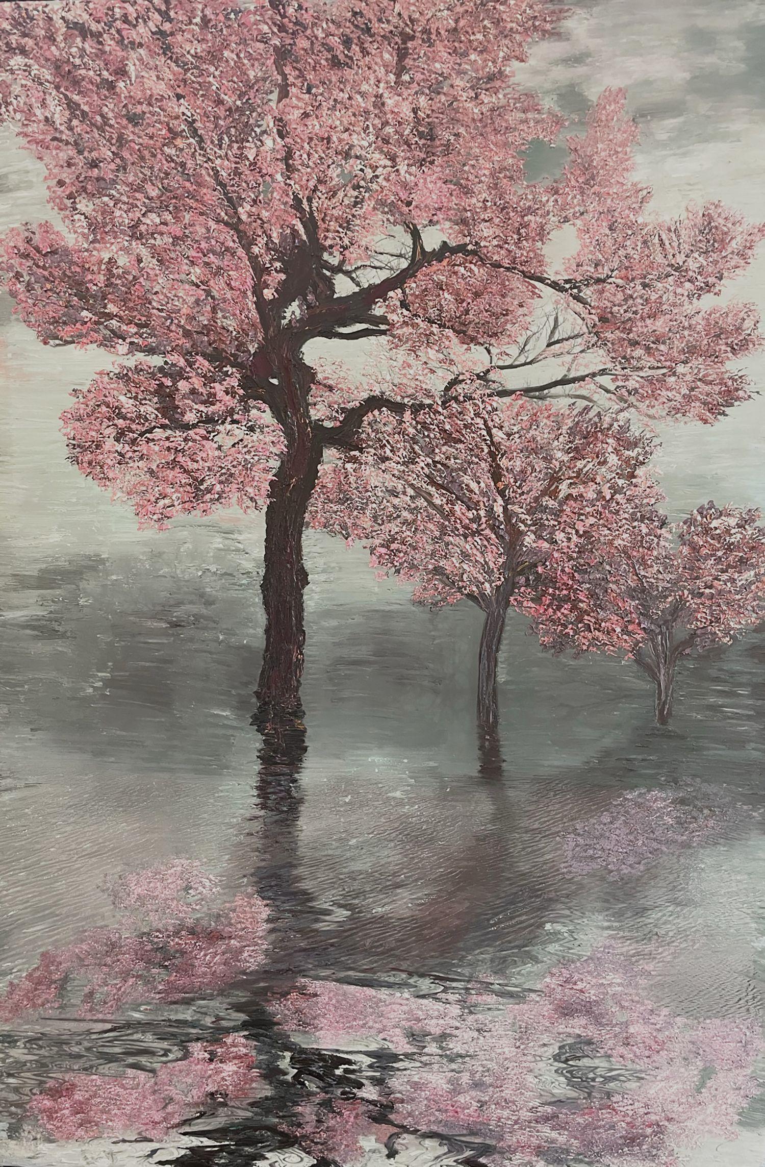 Three Reflections 72x48: The skyâ€™s reflection in the water is a reminder of the synergetic quality that demands that the branches reach upwards until their weight forces them to look downwards to the life-giving flow of the stream. The feeling is