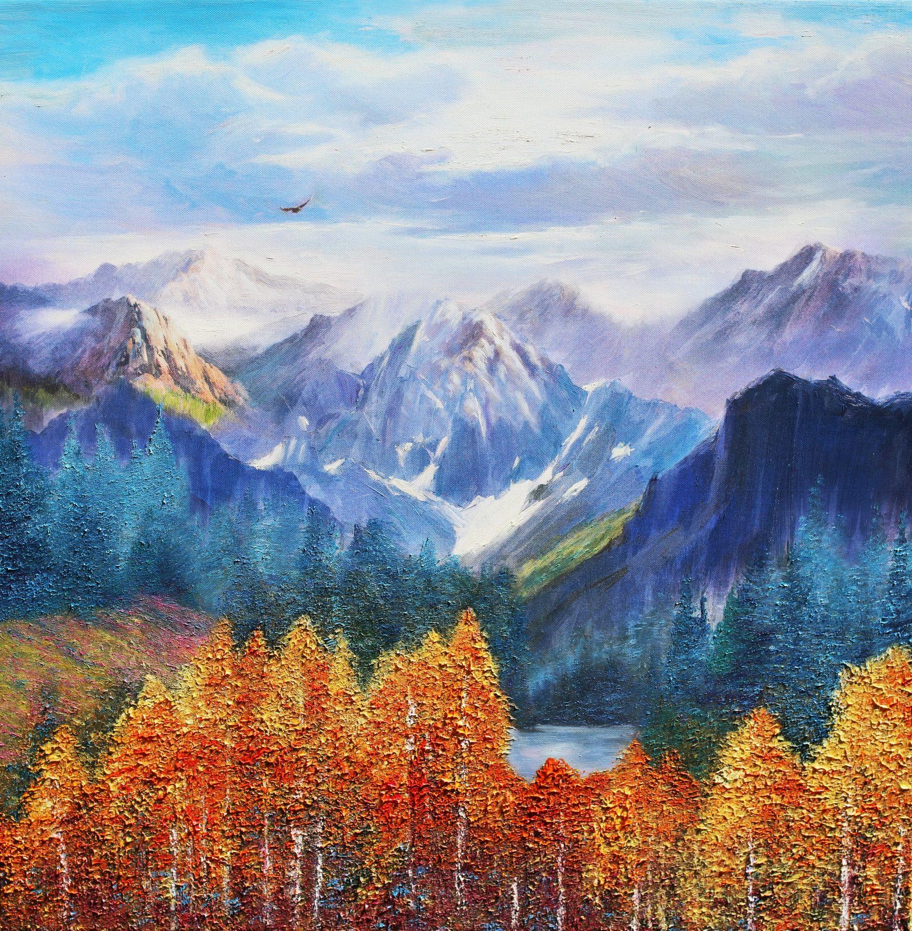 â€œIn this painting, the great dominance of The Mountain Range is presented with its essence of dominion over the spectacular landscape. The feeling is wonderâ€.   The painting is executed in Clear Impressionism style in thick oils with bright