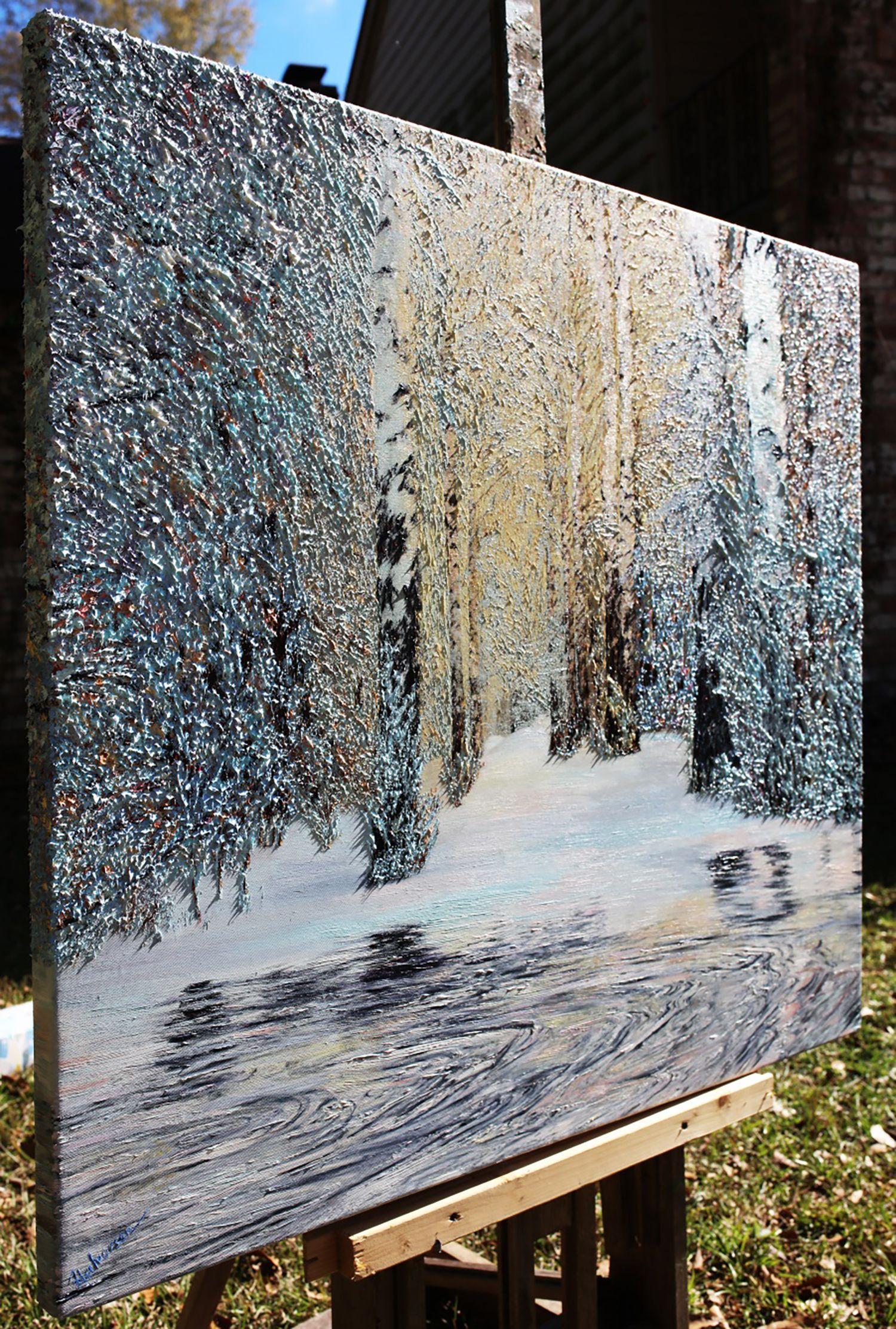 : â€œOnly the sun, its energy cascading upon the winterâ€™s frost, can create the aura of gold from the crispiest white. The feeling is cold heatâ€.  The painting is executed in Clear Impressionism style in thick oils with bright colors, fluid
