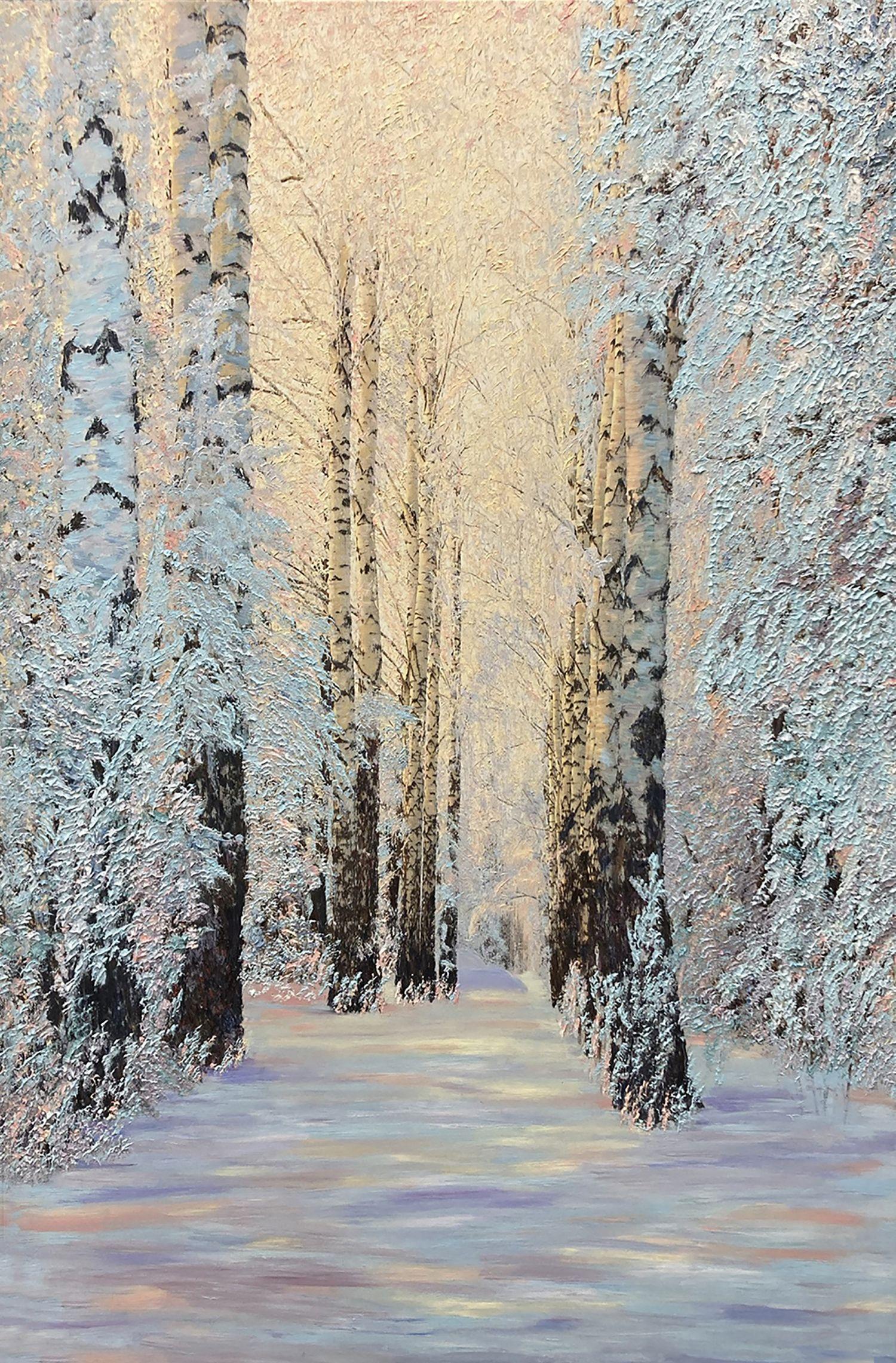 A forest in winter with the trees blanketed in snow creates a thrillingly fresh but very still and calm emotion.    The painting is executed in Clear Impressionism style in thick oils with bright colors, fluid motion, and engaging texture. Canvas is