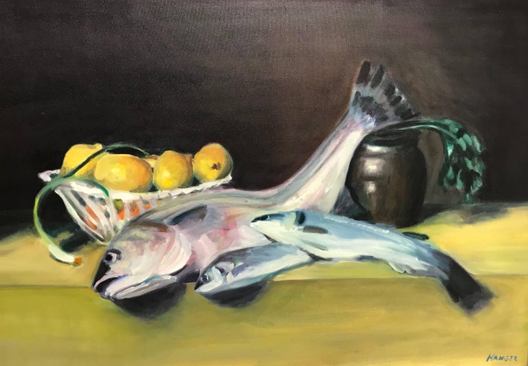 Kenneth Hanger Interior Painting - Fish on Yellow Table with Lemons & Scallion - Still Life w Spottail Bass