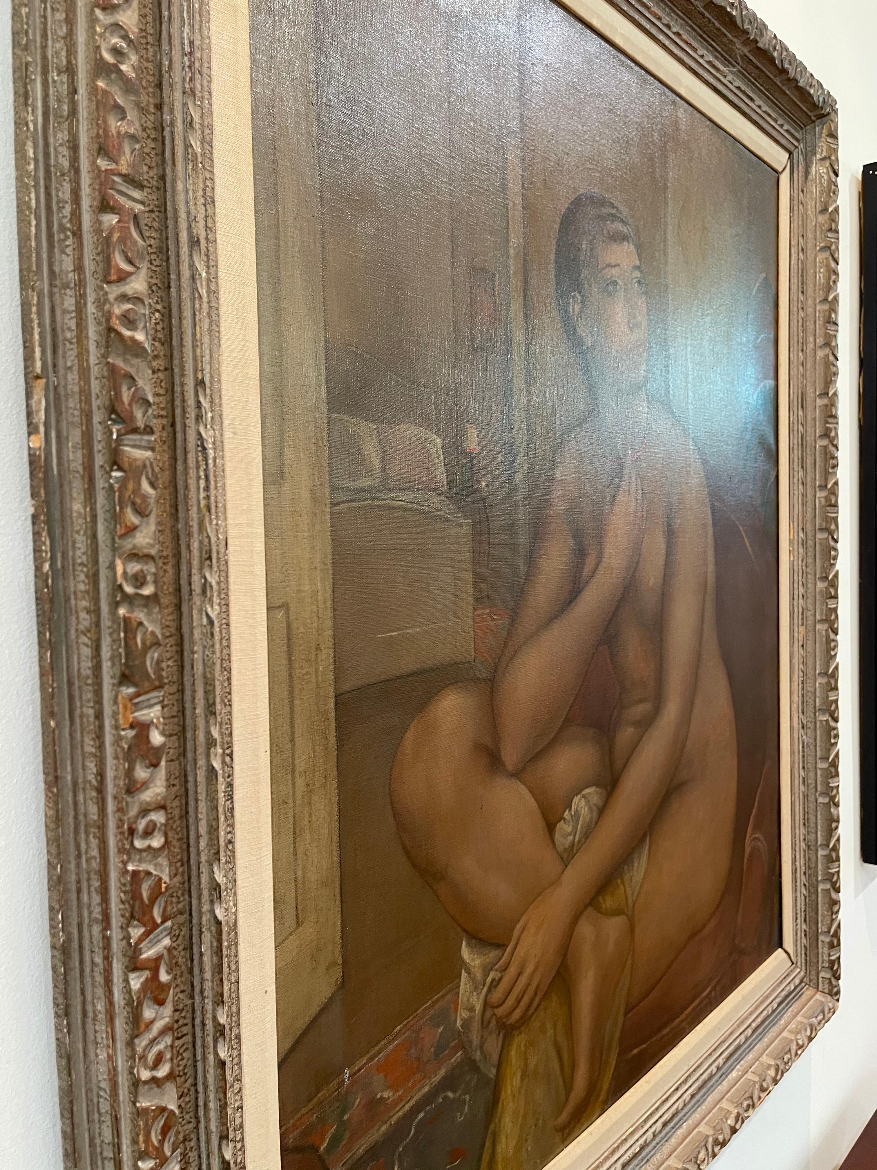 The Coral Necklace  Figure Composition - ( Nude fantasizing in a chair )  - Brown Figurative Painting by Kenneth Hayes Miller