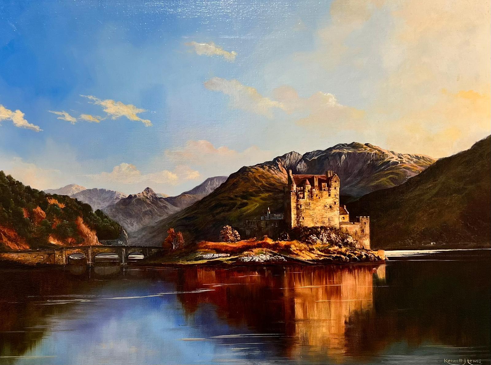 Kenneth J Lewis Landscape Painting - Eilean Donan Castle Scotland Original British Oil Painting on Canvas Golden 