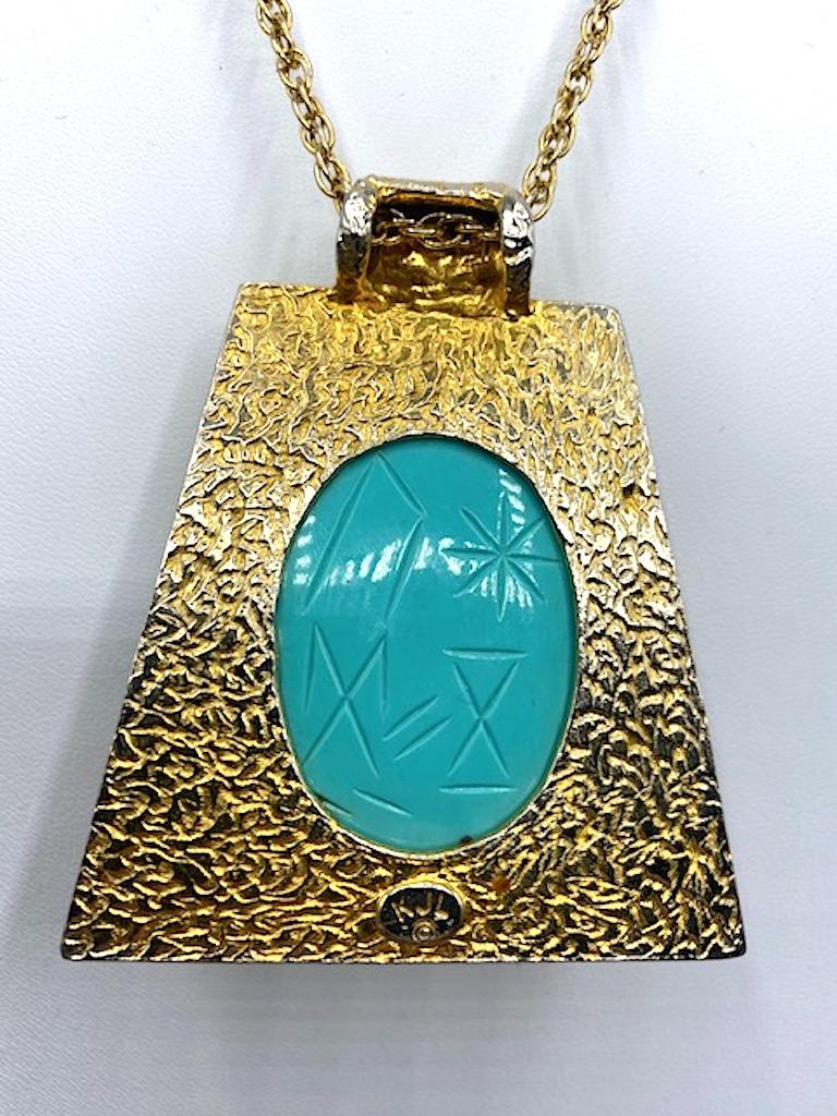 Kenneth Jay Lane 1970 / 1980s Egyptian Revival Turquoise Scarab Pendant Necklace 3
