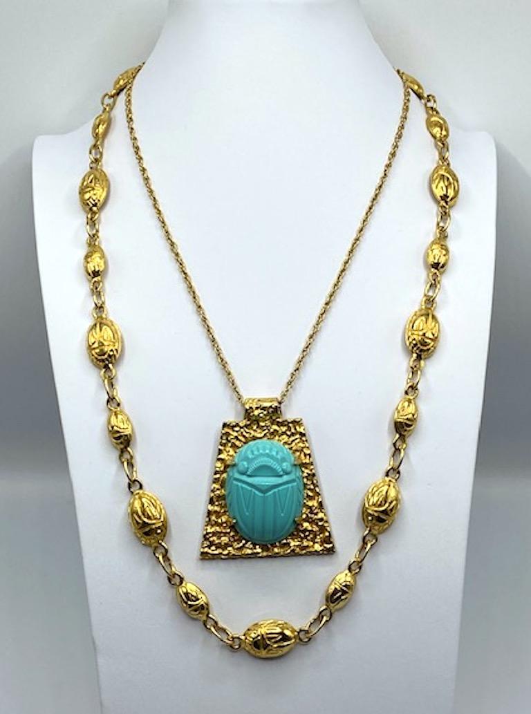 Kenneth Jay Lane 1970 / 1980s Egyptian Revival Turquoise Scarab Pendant Necklace 4