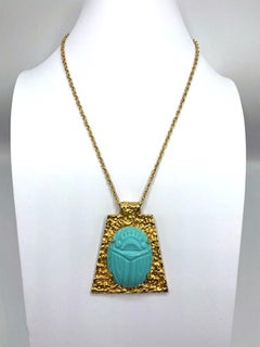 Kenneth Jay Lane 1970 / 1980s Egyptian Revival Turquoise Scarab Pendant Necklace