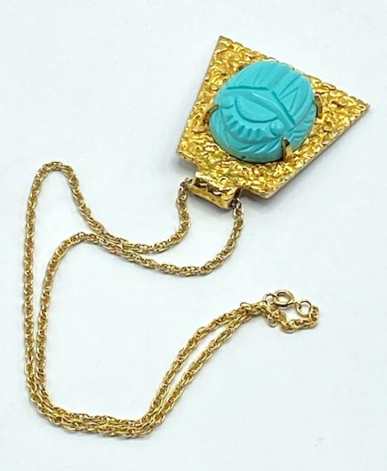 Women's or Men's Kenneth Jay Lane 1970 / 1980s Egyptian Revival Turquoise Scarab Pendant Necklace