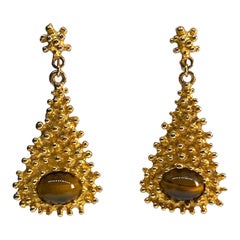 Kenneth Jay Lane 1970s Gold Nugget & Tiger Eye Pendant Earrings