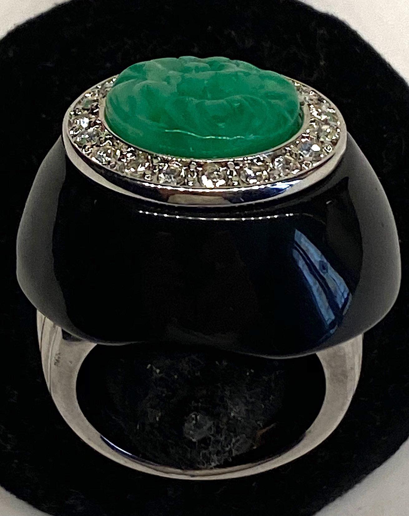 Kenneth Jay Lane 1980s Art Deco Black & Green Dome Ring 8