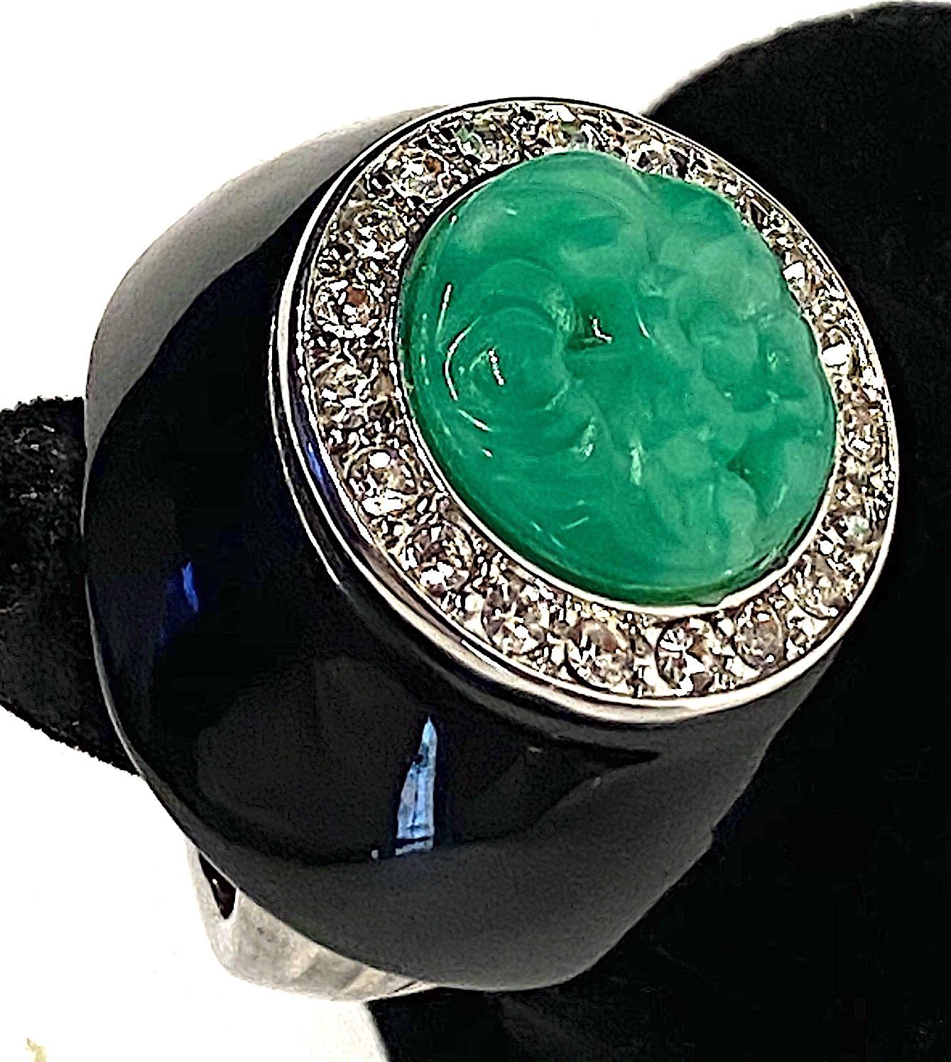 Kenneth Jay Lane 1980s Art Deco Black & Green Dome Ring 9