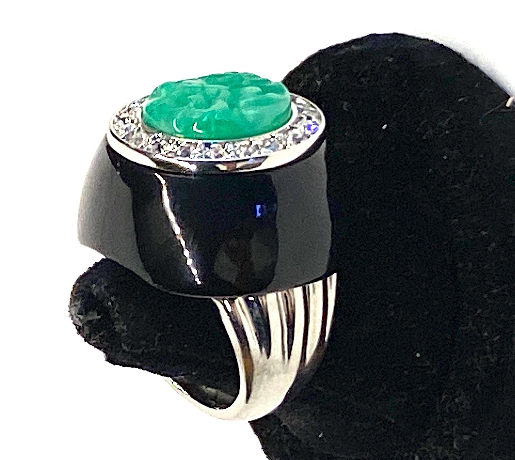 Kenneth Jay Lane 1980s Art Deco Black & Green Dome Ring 2