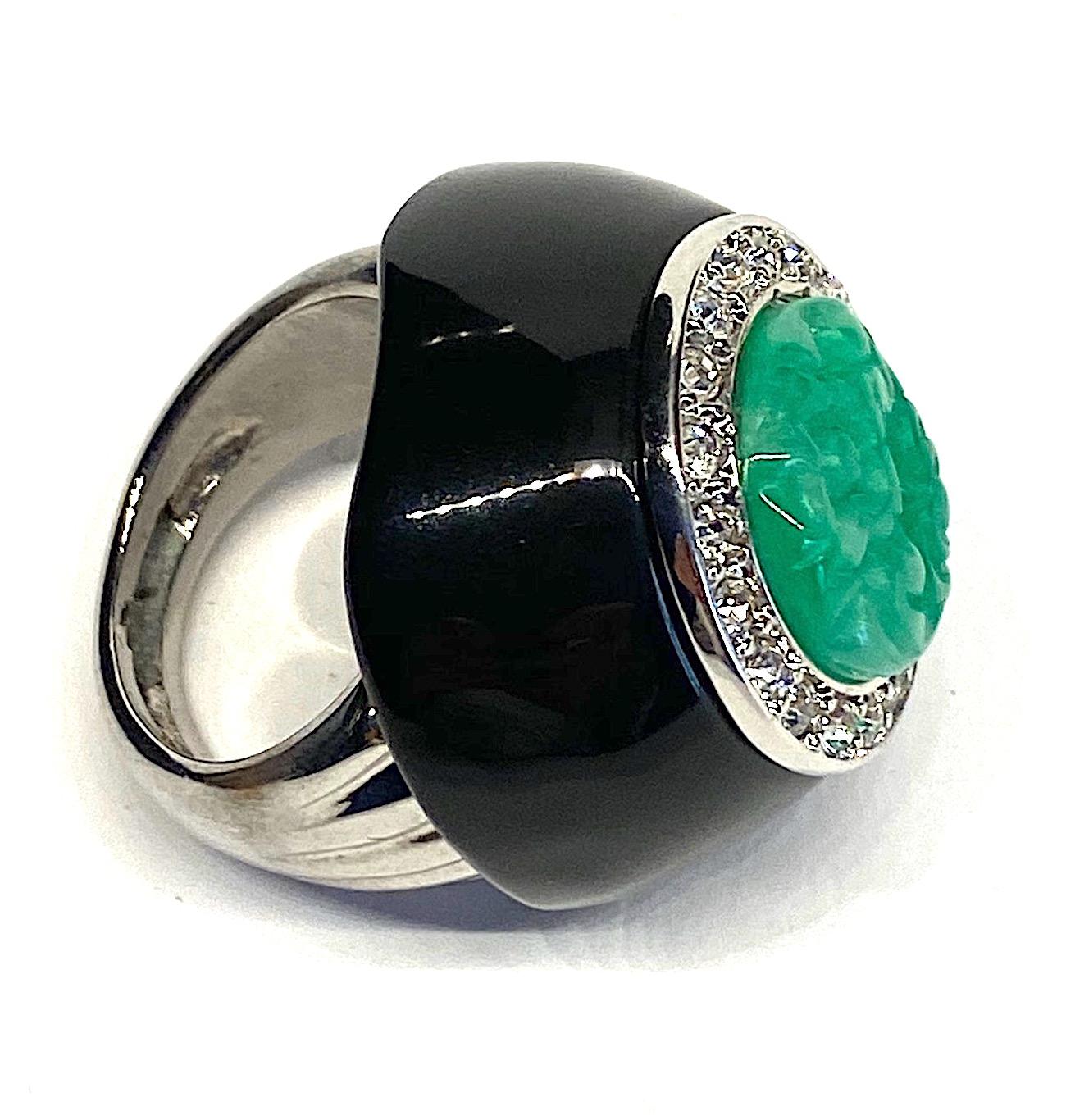 Kenneth Jay Lane 1980s Art Deco Black & Green Dome Ring 3