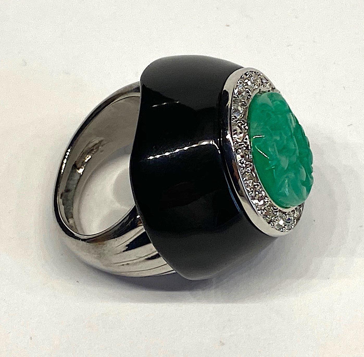 Kenneth Jay Lane 1980s Art Deco Black & Green Dome Ring 4