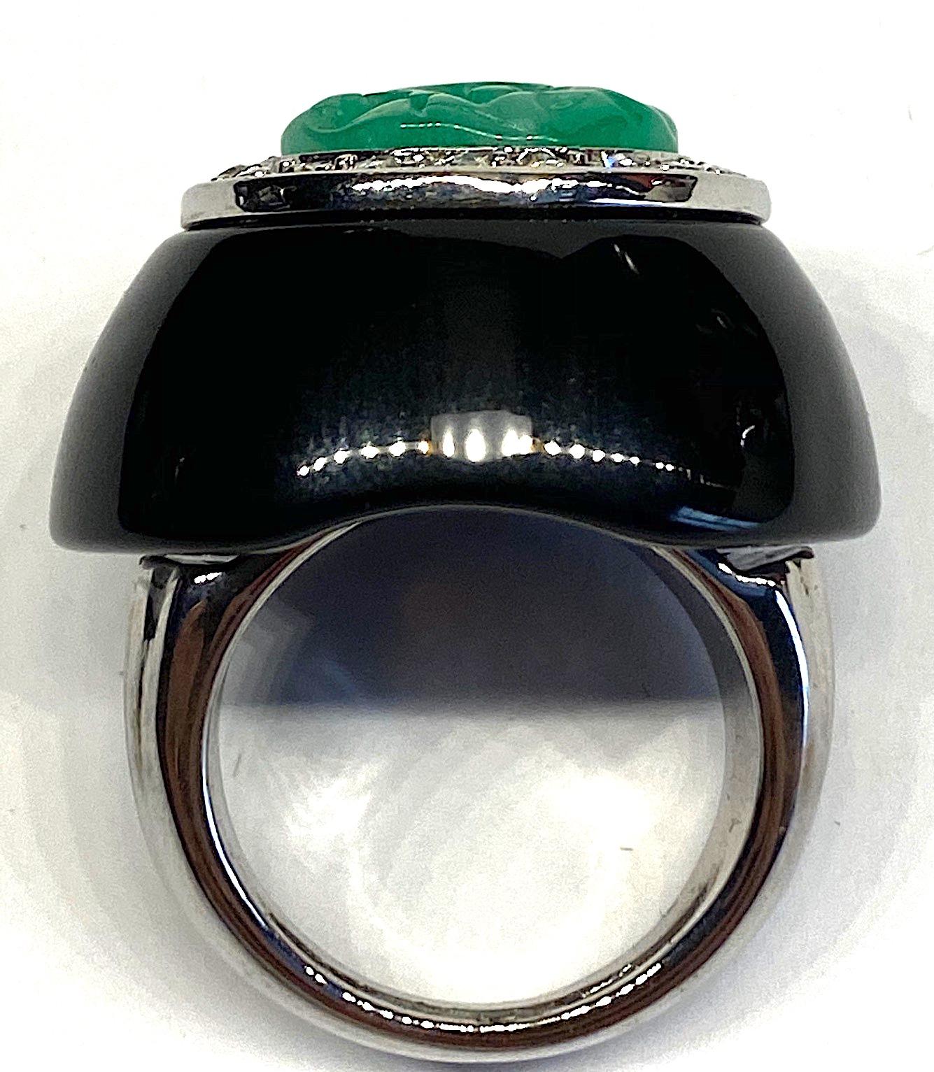 Kenneth Jay Lane 1980s Art Deco Black & Green Dome Ring 5