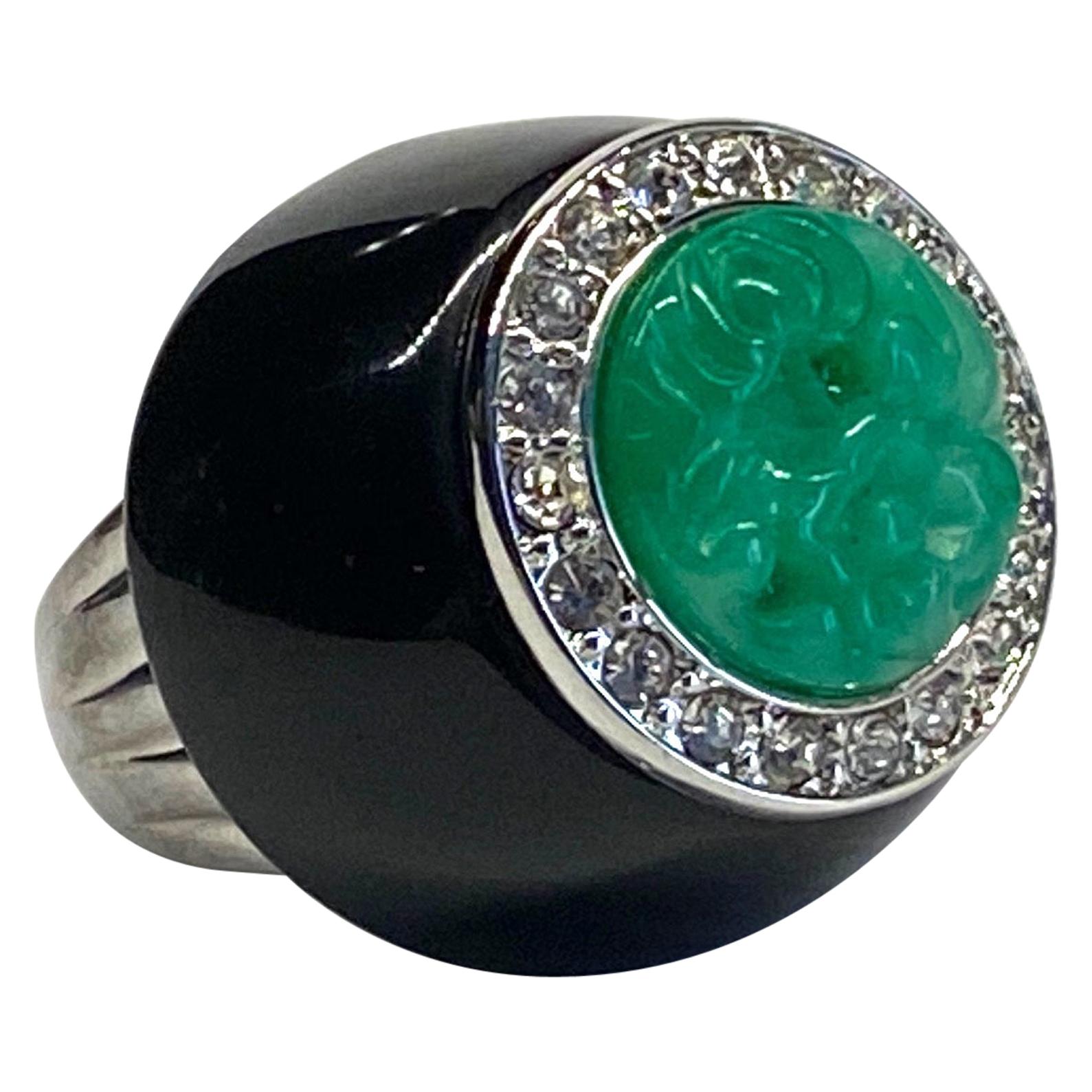 Kenneth Jay Lane 1980s Art Deco Black & Green Dome Ring