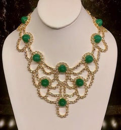 Kenneth Jay Lane 1980s Rhinestone & Green Cabochon Necklace