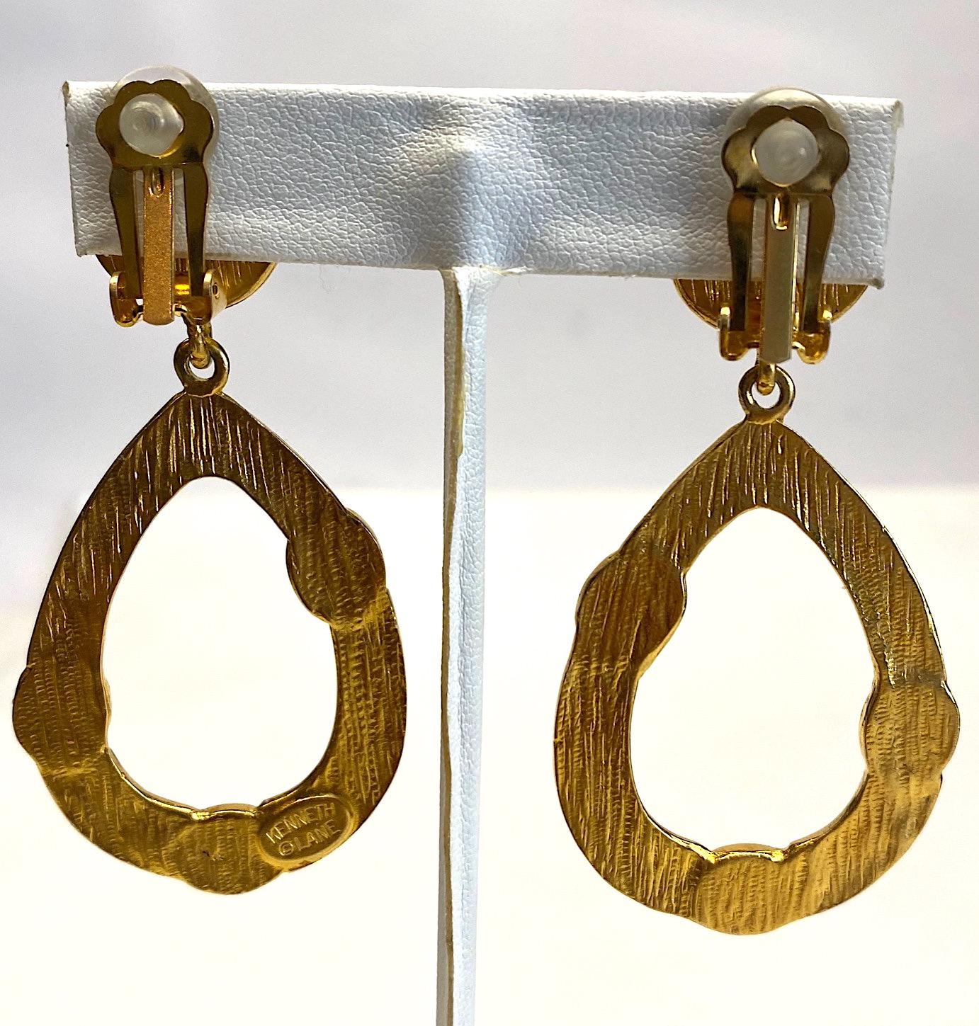 Kenneth Jay Lane 1980s Satin Gold Hoop Pendant earrings For Sale 2