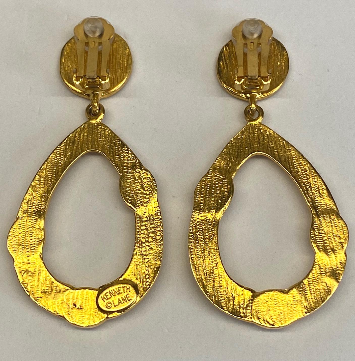 Kenneth Jay Lane 1980s Satin Gold Hoop Pendant earrings 1