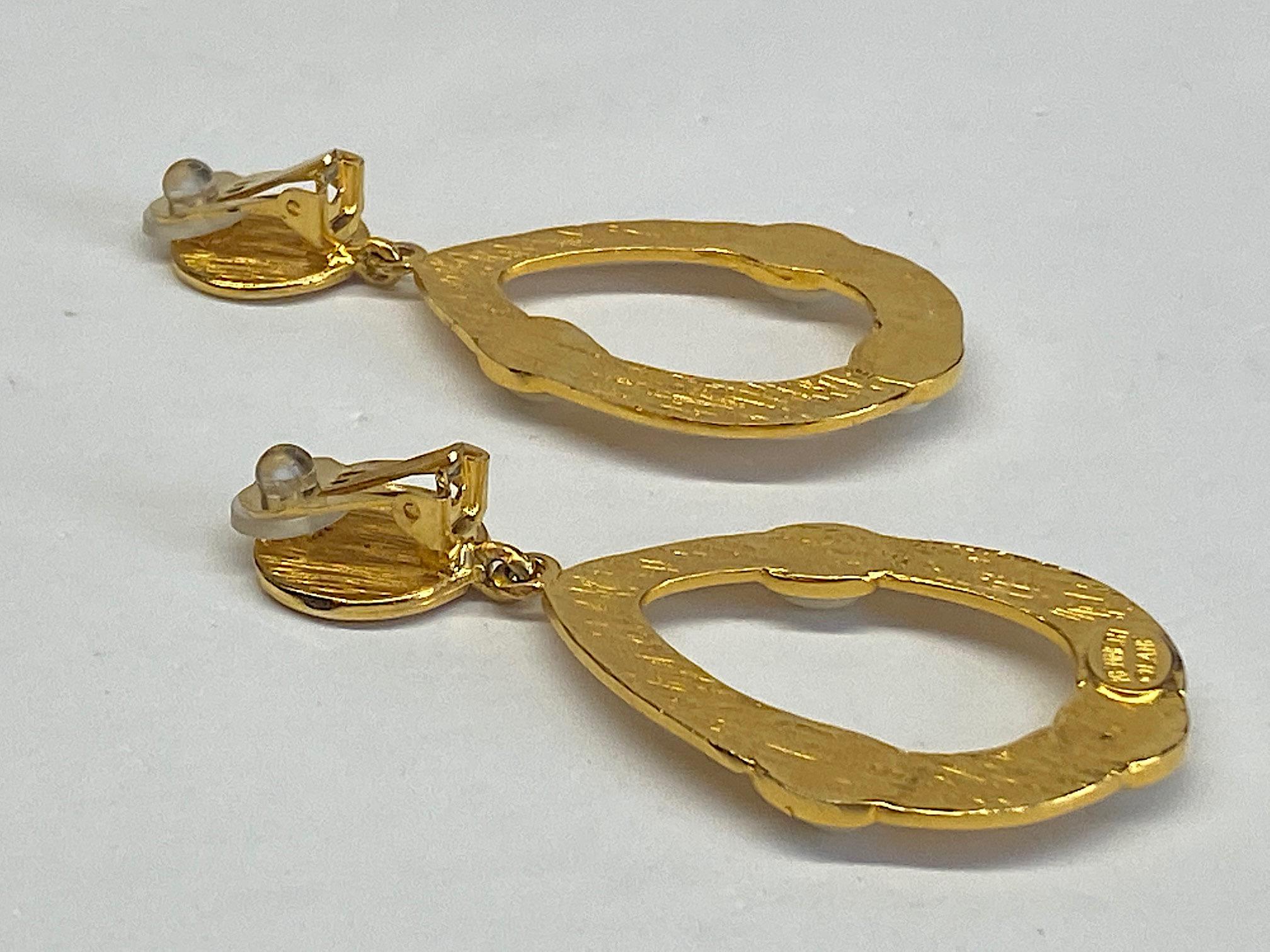 Kenneth Jay Lane 1980s Satin Gold Hoop Pendant earrings 2