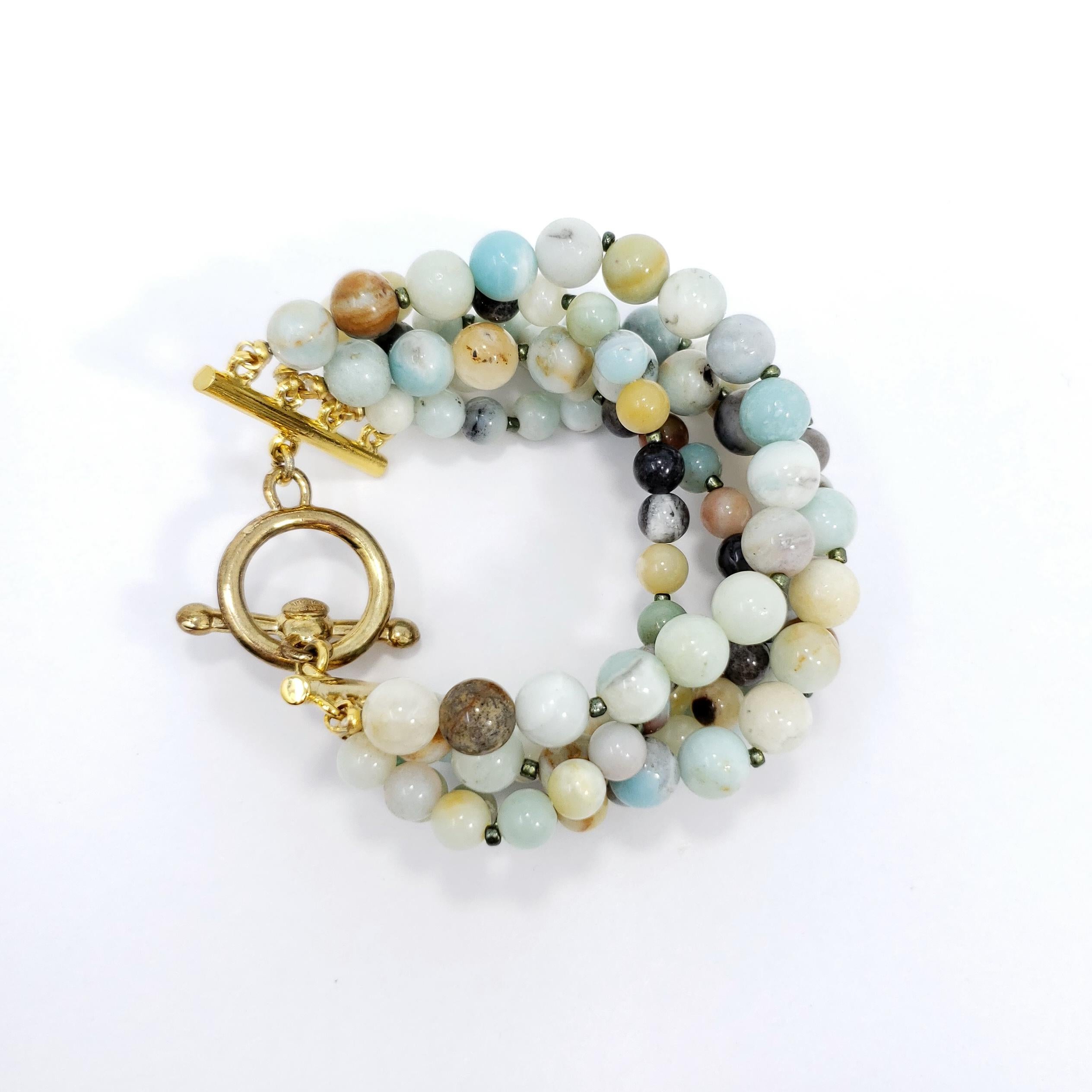 Kenneth Jay Lane Amazonite Bead Bracelet with Golden Accents, Multi Strand, KJL In New Condition In Milford, DE