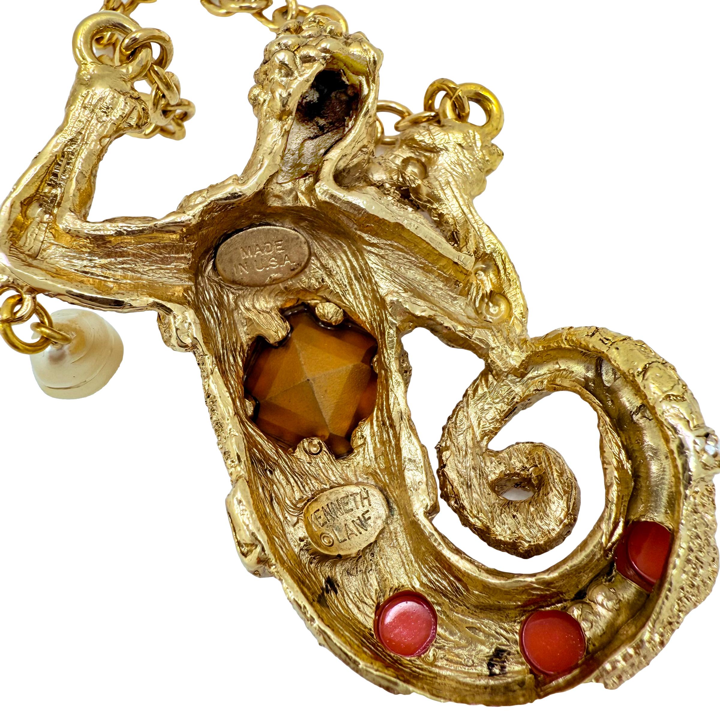 Kenneth Jay Lane Antique Gold Plate Swarovski Crystal Merman Mythology Necklace For Sale 4