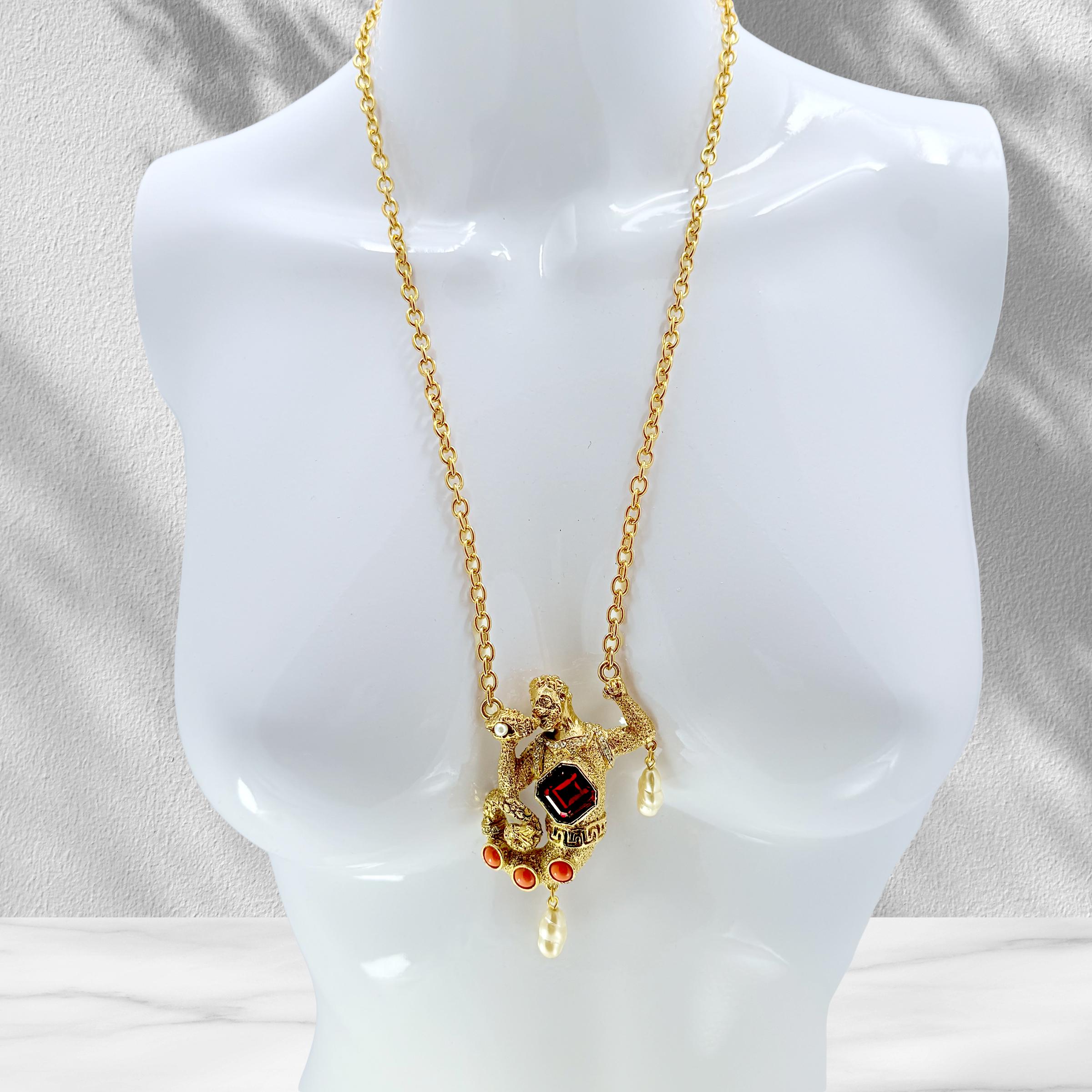 Classical Greek Kenneth Jay Lane Antique Gold Plate Swarovski Crystal Merman Mythology Necklace For Sale