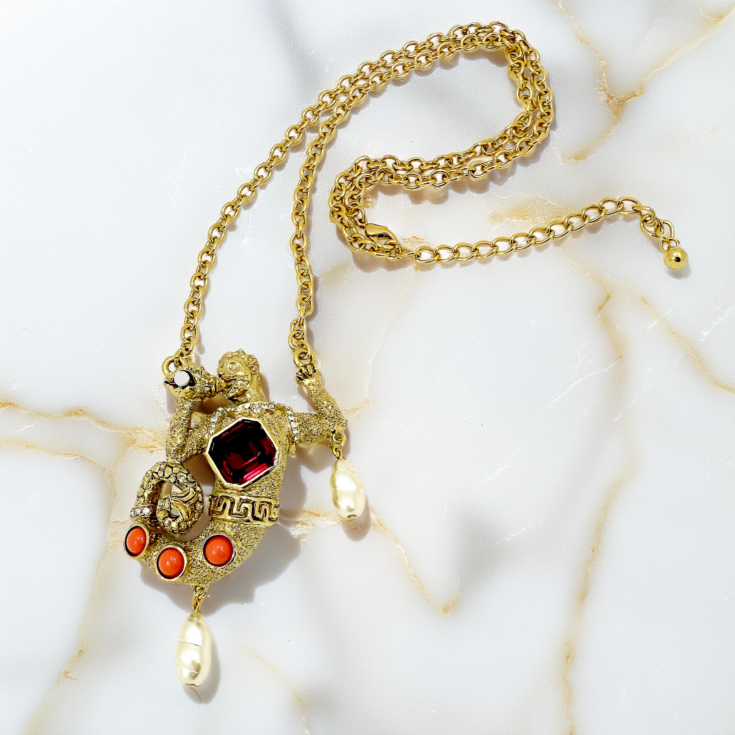 Emerald Cut Kenneth Jay Lane Antique Gold Plate Swarovski Crystal Merman Mythology Necklace For Sale