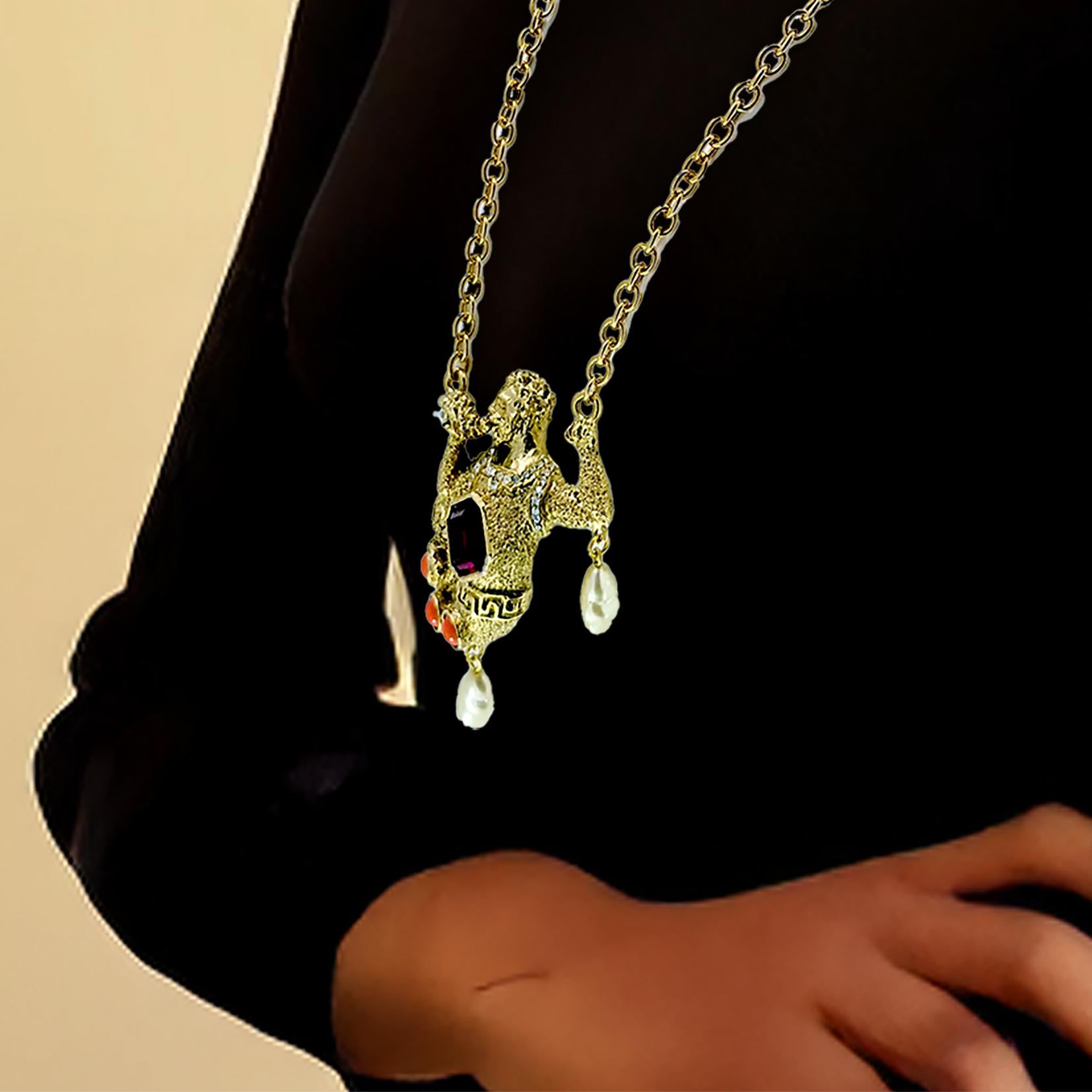 Kenneth Jay Lane Antique Gold Plate Swarovski Crystal Merman Mythology Necklace In New Condition For Sale In Santa Monica, CA