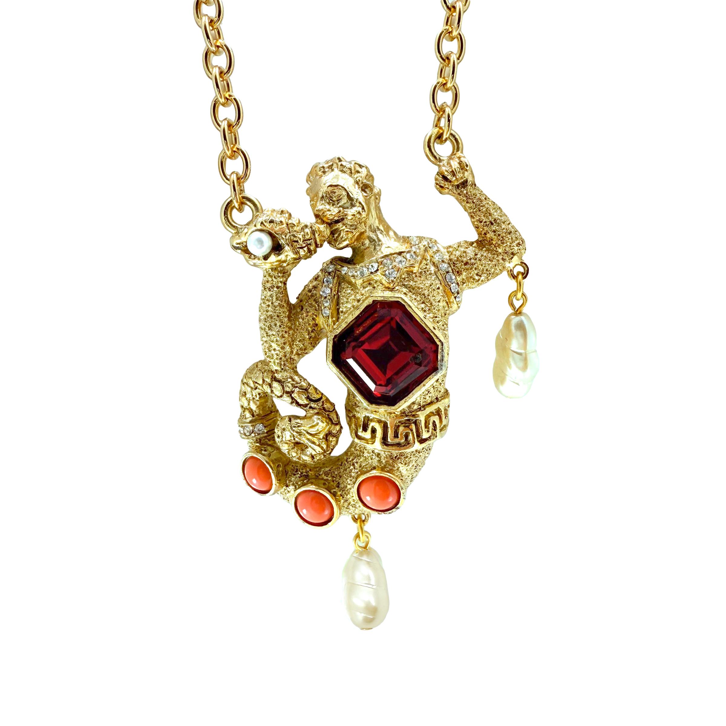 Women's Kenneth Jay Lane Antique Gold Plate Swarovski Crystal Merman Mythology Necklace For Sale