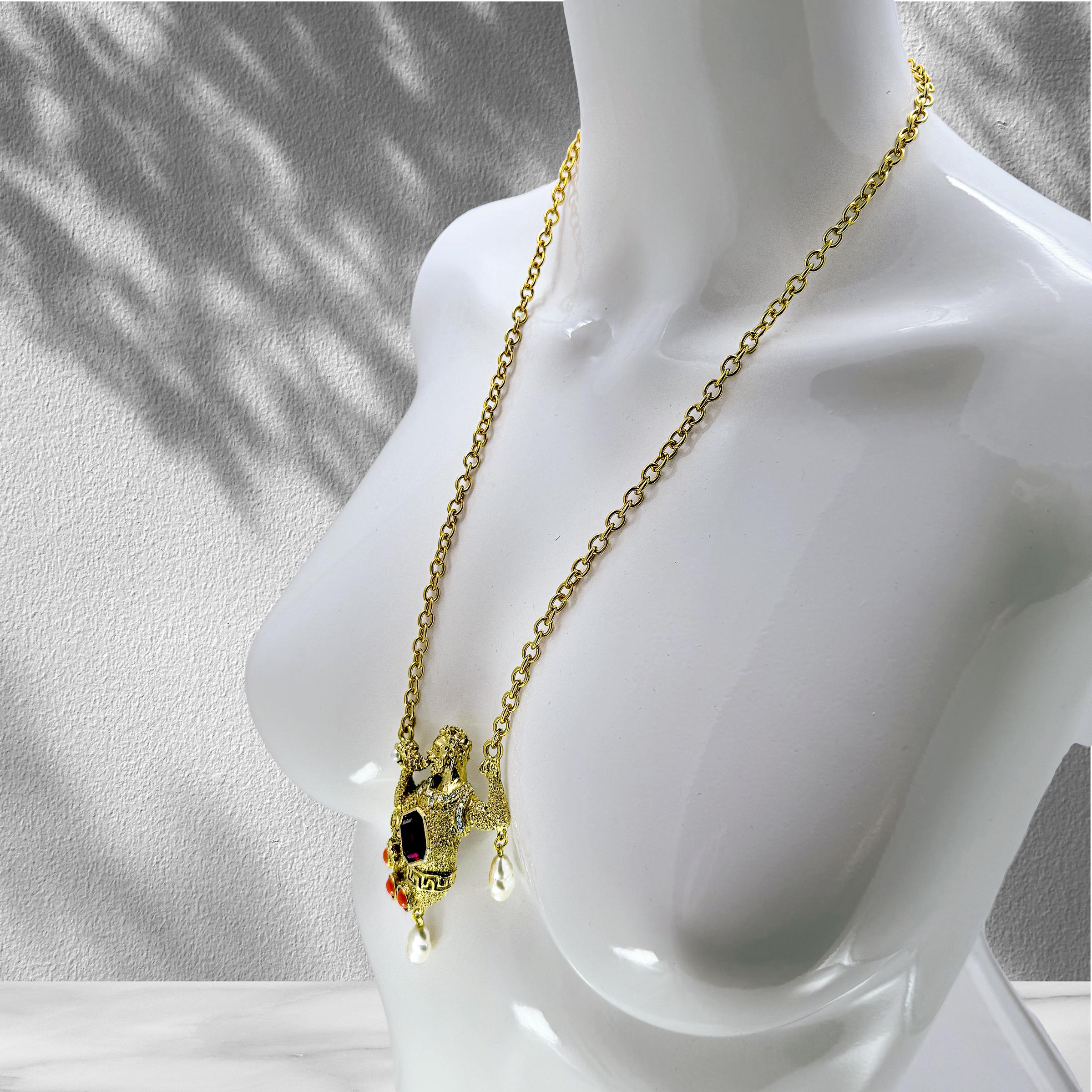 Kenneth Jay Lane Antique Gold Plate Swarovski Crystal Merman Mythology Necklace For Sale 1