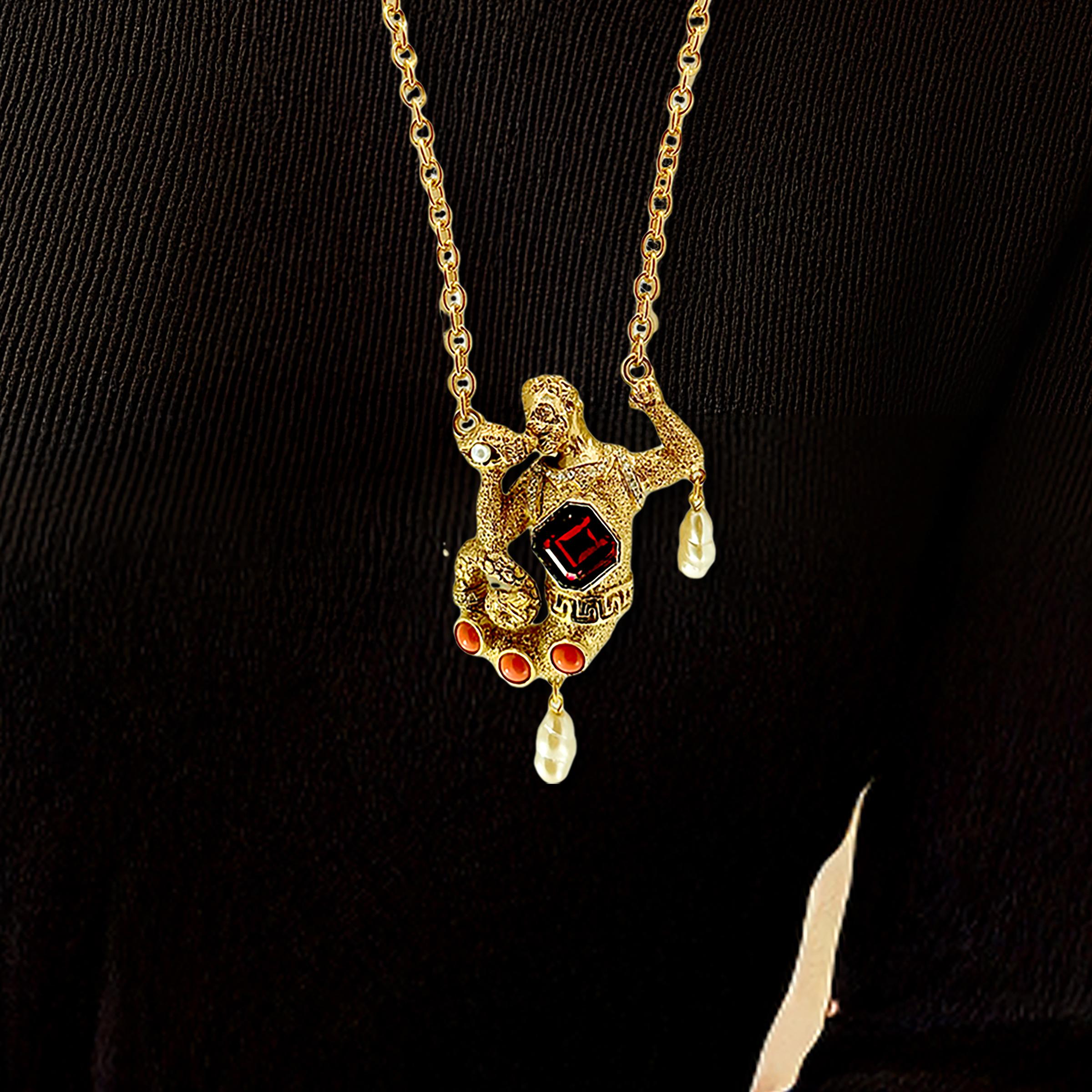 Kenneth Jay Lane Antique Gold Plate Swarovski Crystal Merman Mythology Necklace For Sale 2