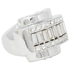 Kenneth Jay Lane Art Deco Polished Silver With Baguette Crystal Cocktail Ring