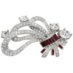 Kenneth Jay Lane Art Nouveau Style Floral Pin Brooch, Clear and Ruby Crystals