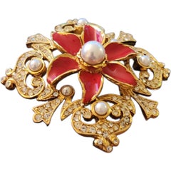 Kenneth Jay Lane Baroque Red Enamel & Pearl Floral Brooch