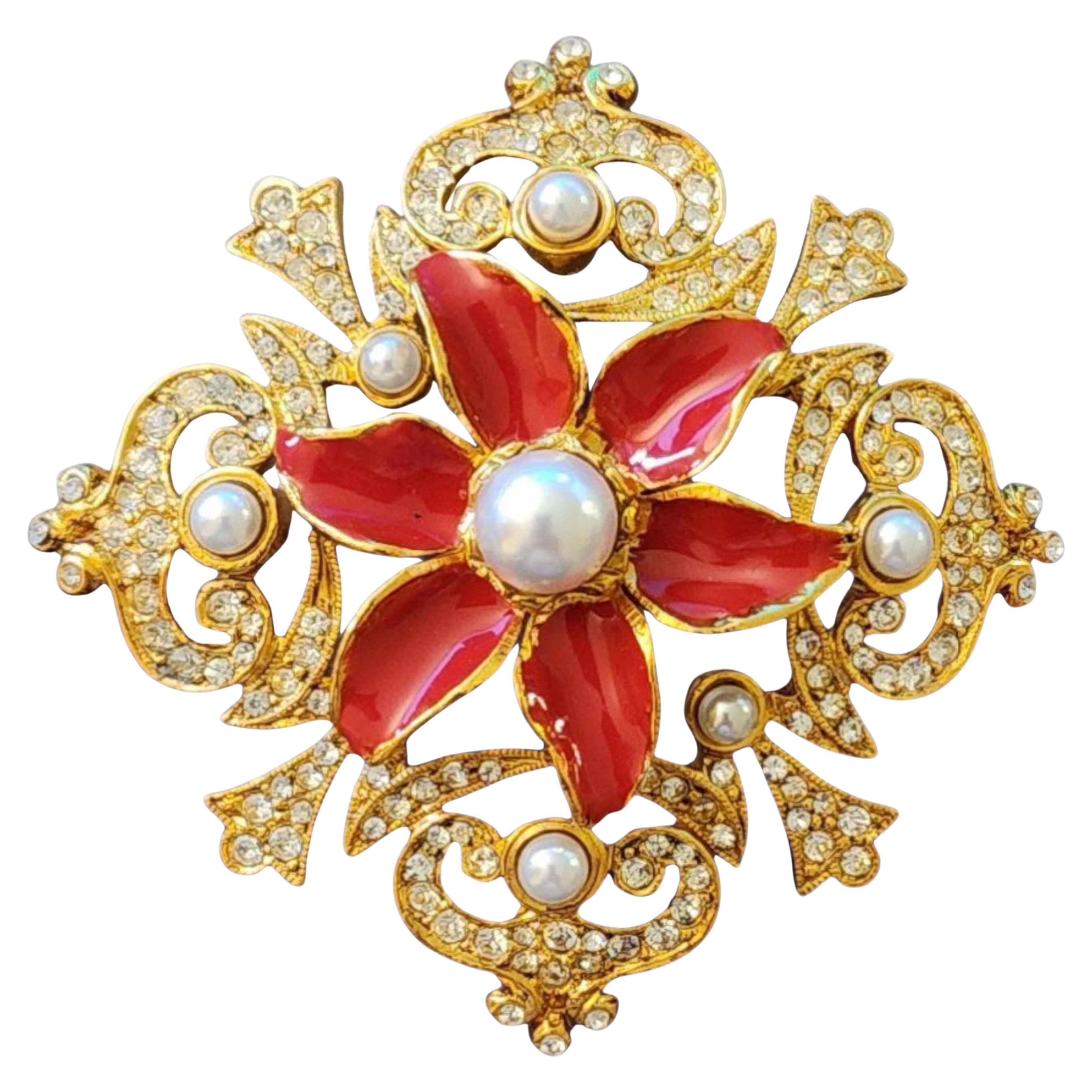 Kenneth Jay Lane Barocke Brosche mit roter Emaille und Perlenblüten