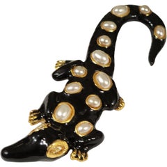 Kenneth Jay Lane Black Enamel Alligator Brooch with Faux Pearls and Crystal