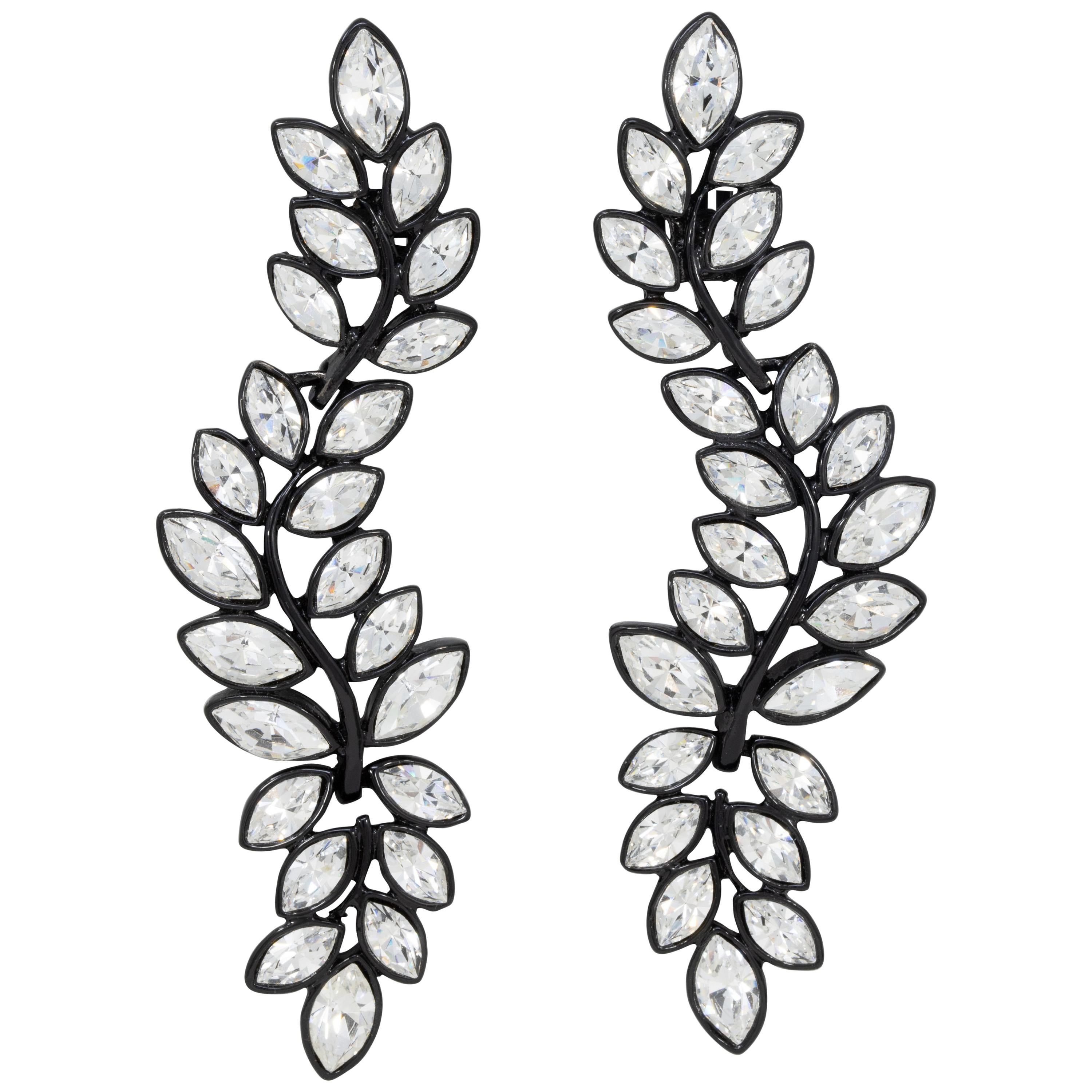 Kenneth Jay Lane Black Plated Flower Crystal Dangle Clip On Earrings, KJL For Sale