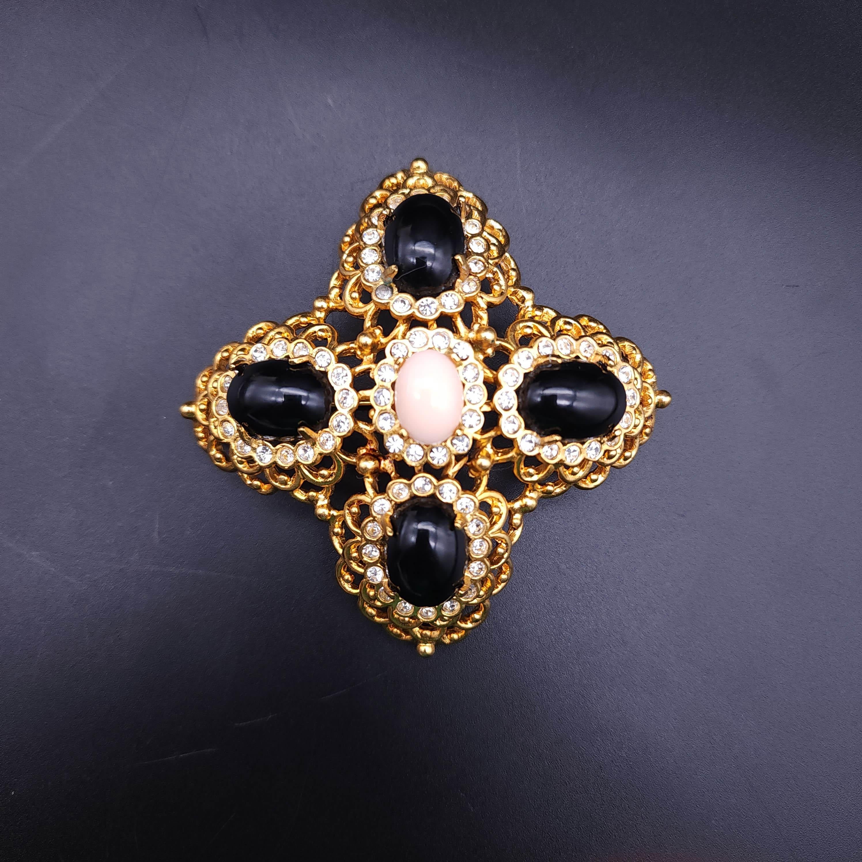 Modern Kenneth Jay Lane Cabochon Cross Pin Brooch, Black & Pink, Gold Finish, Crystals For Sale