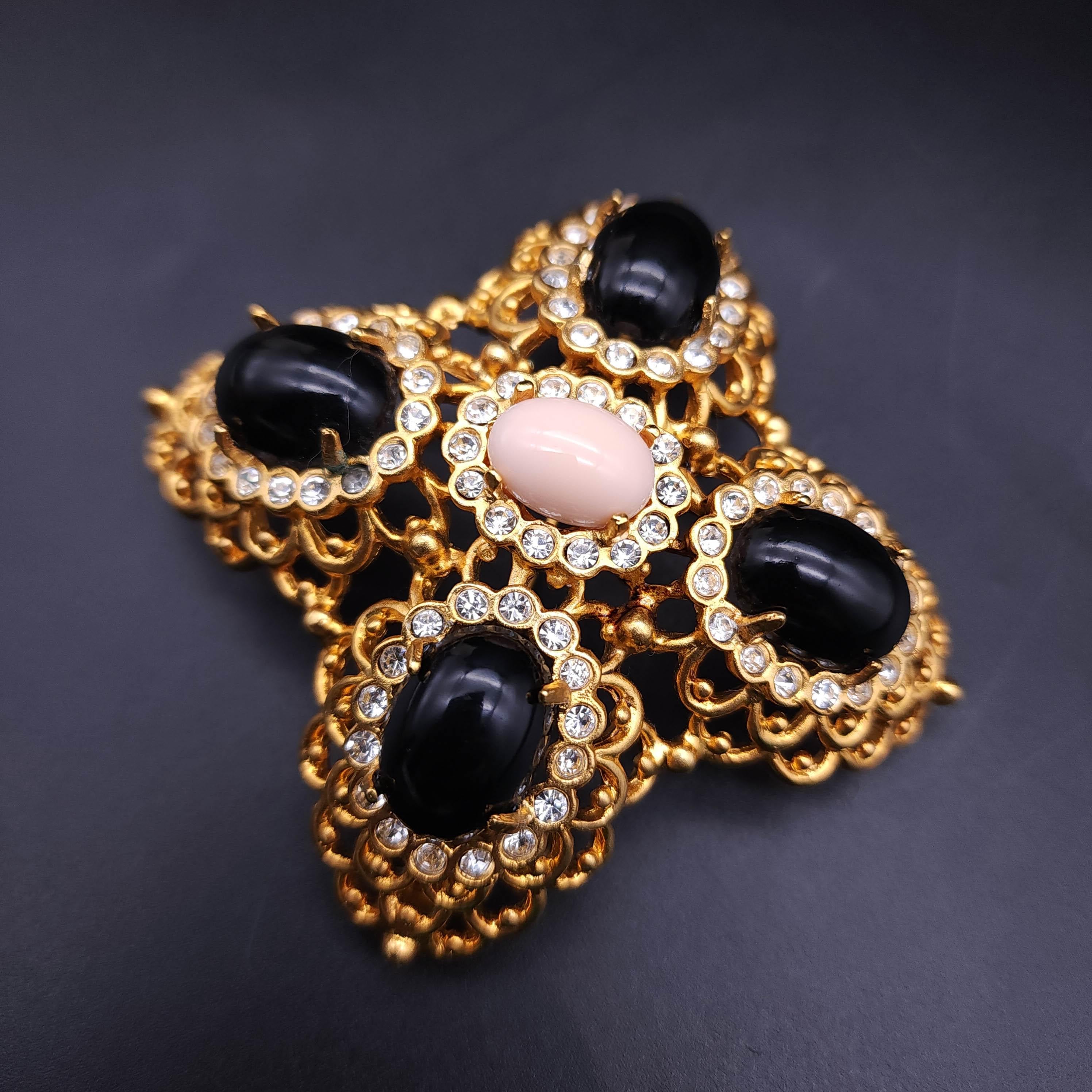 Round Cut Kenneth Jay Lane Cabochon Cross Pin Brooch, Black & Pink, Gold Finish, Crystals For Sale
